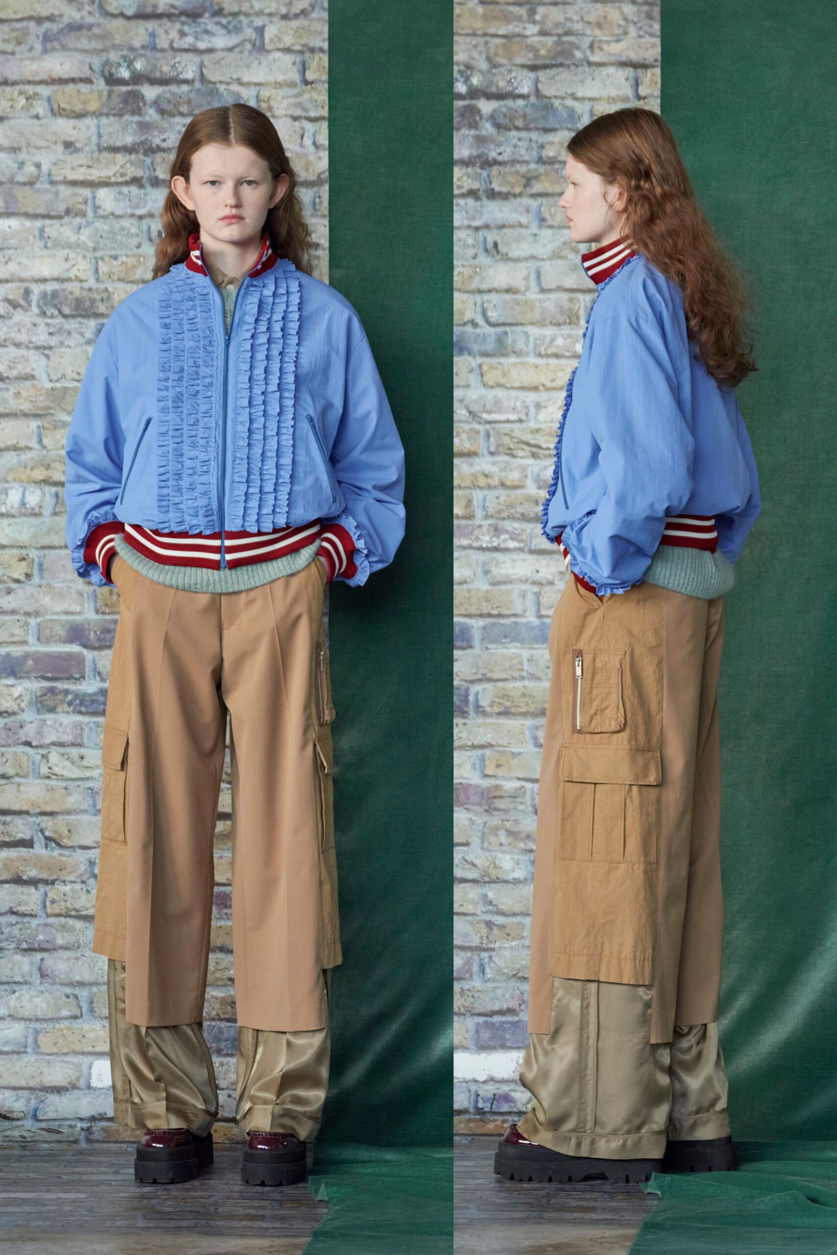 blue cotton long-sleeve collared relaxed pleated jacket