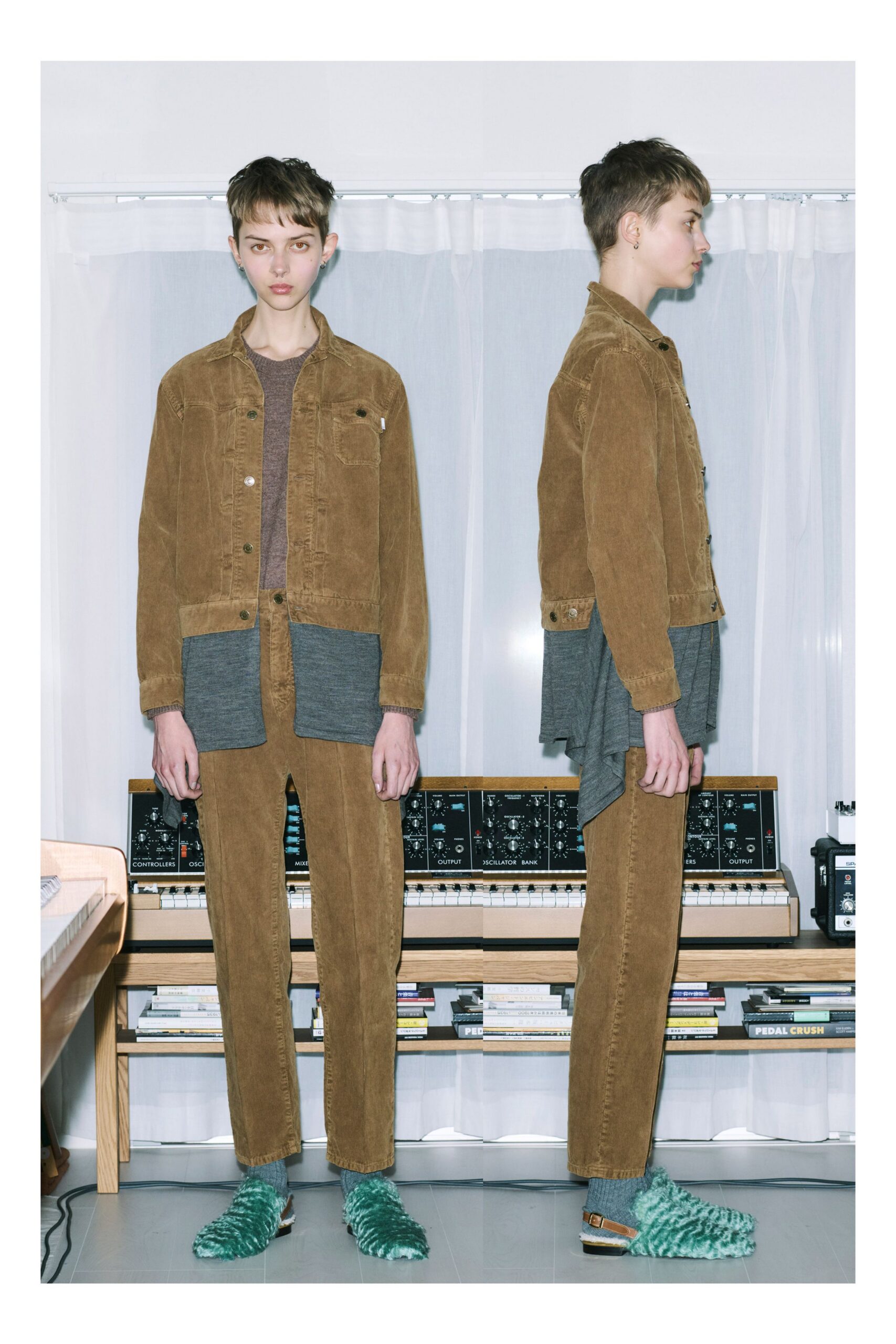 brown corduroy jacket with gray top