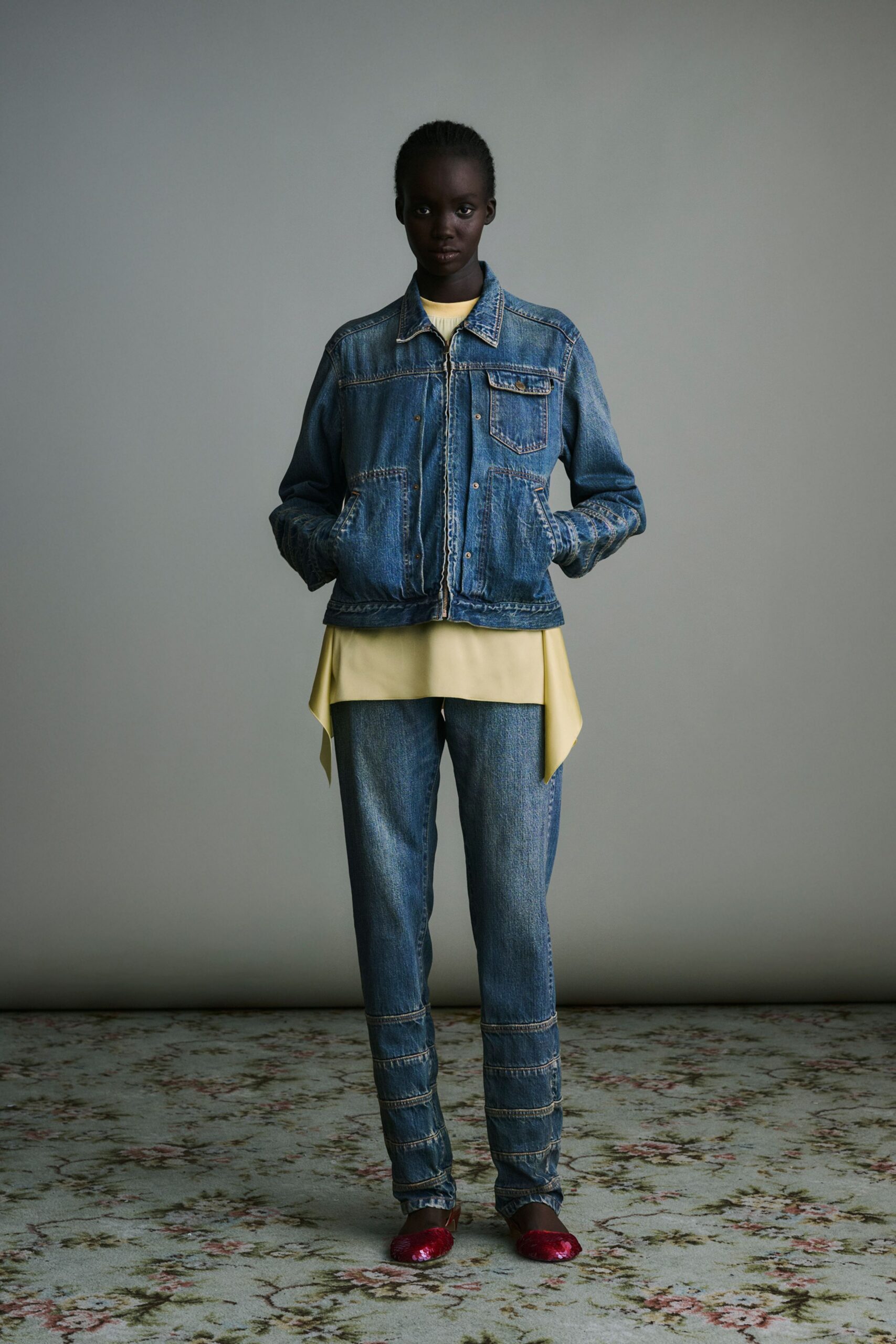denim jacket with yellow top