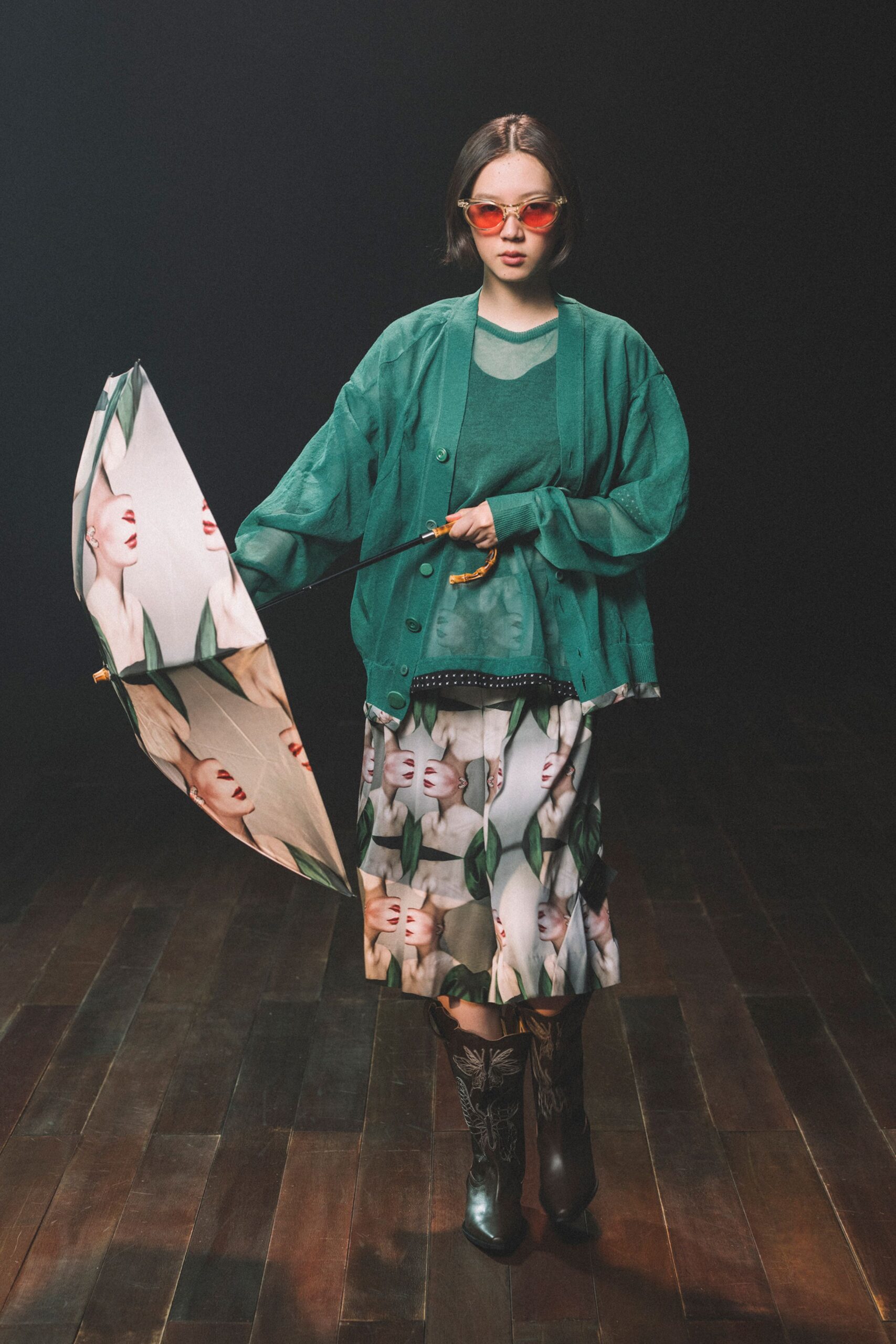 green jacket with printed skirt