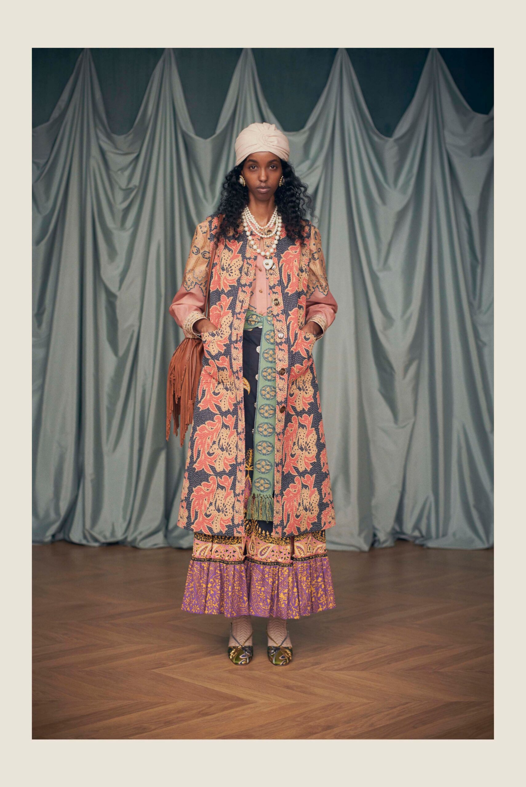 multi silk long-sleeve collared relaxed embroidered layered coat