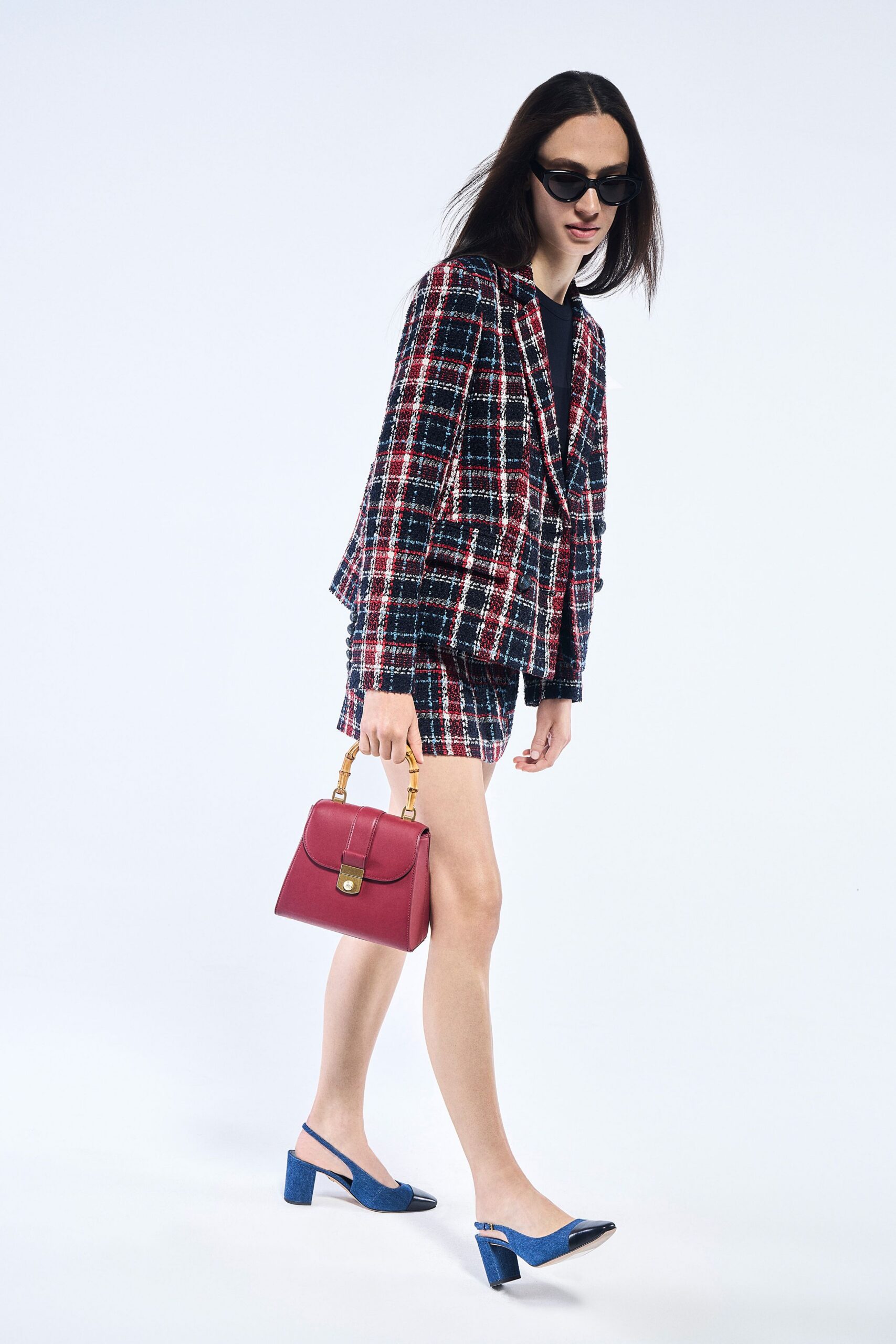 red tweed long-sleeve collared structured checked blazer