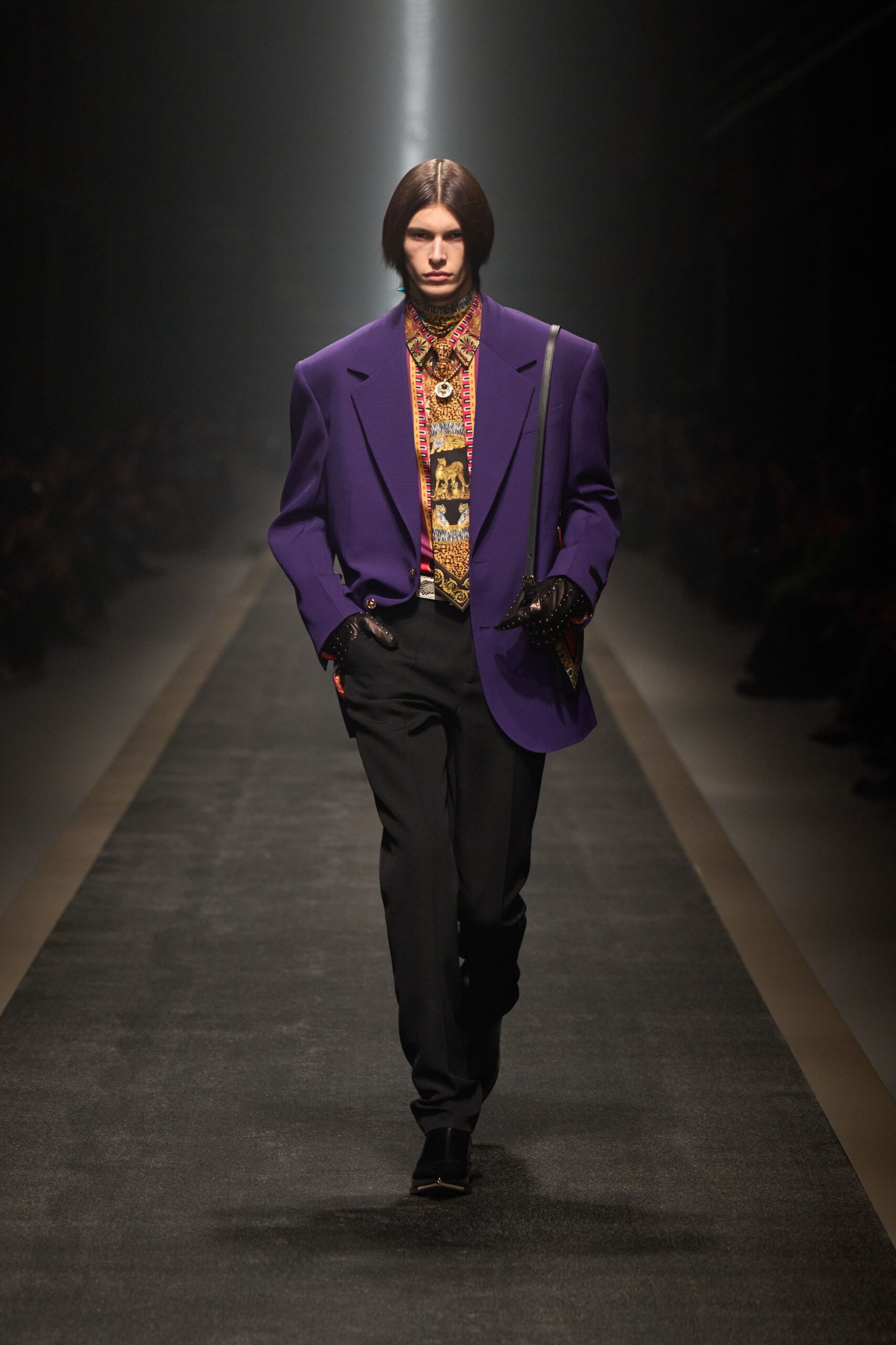 purple tailored blazer with red shirt