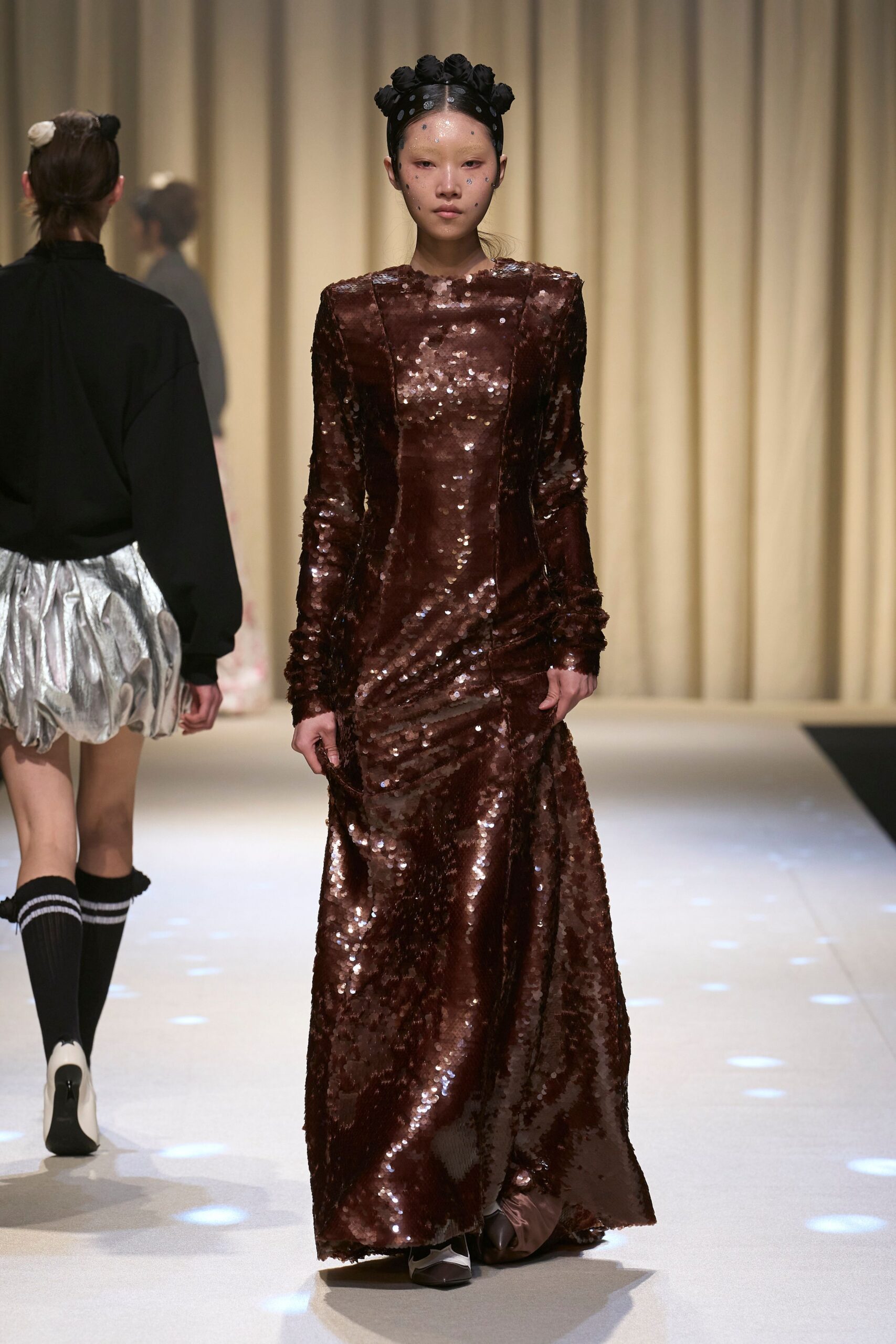 brown sequin long-sleeve gown