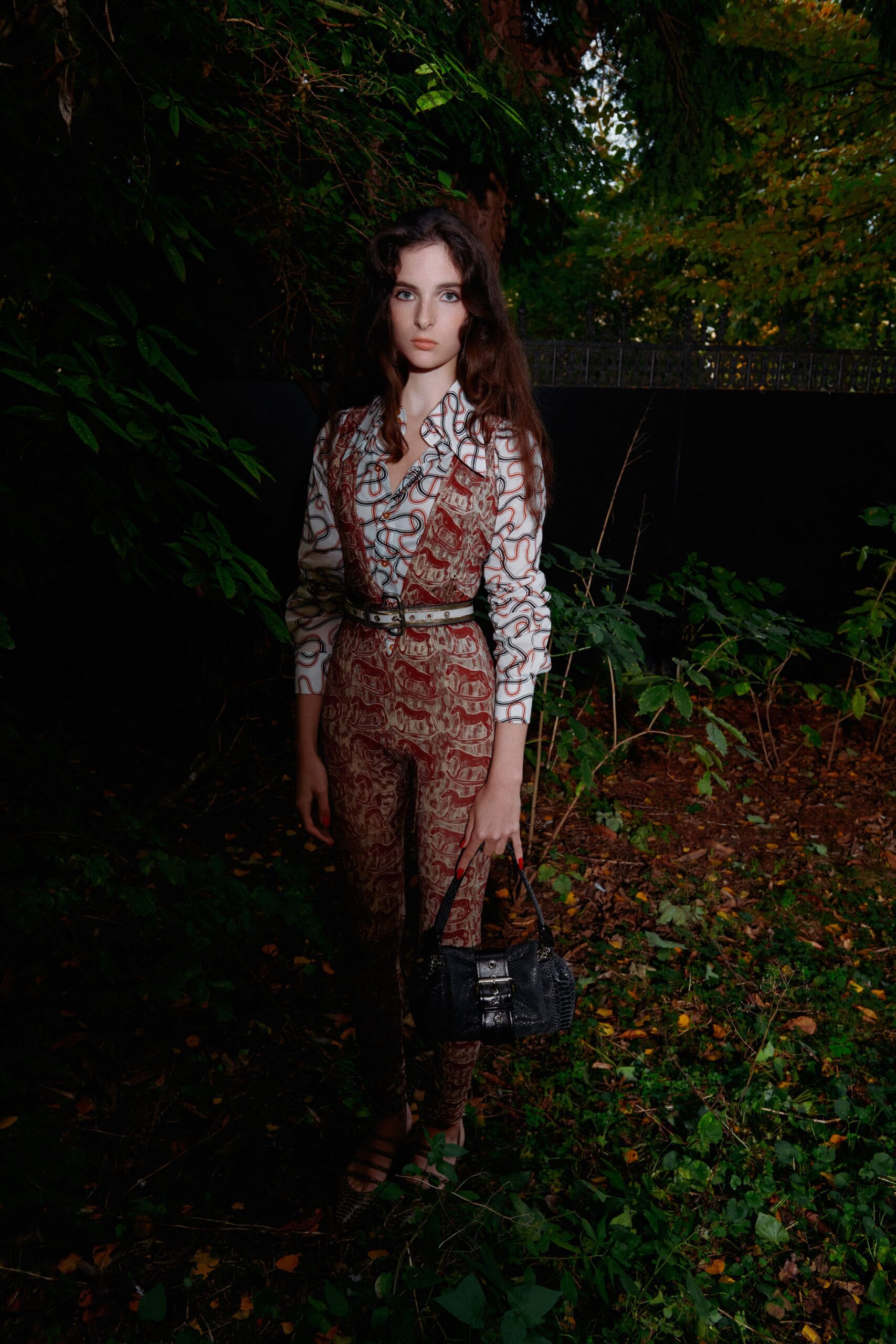 brown cotton long-sleeve collared fitted printed jumpsuit