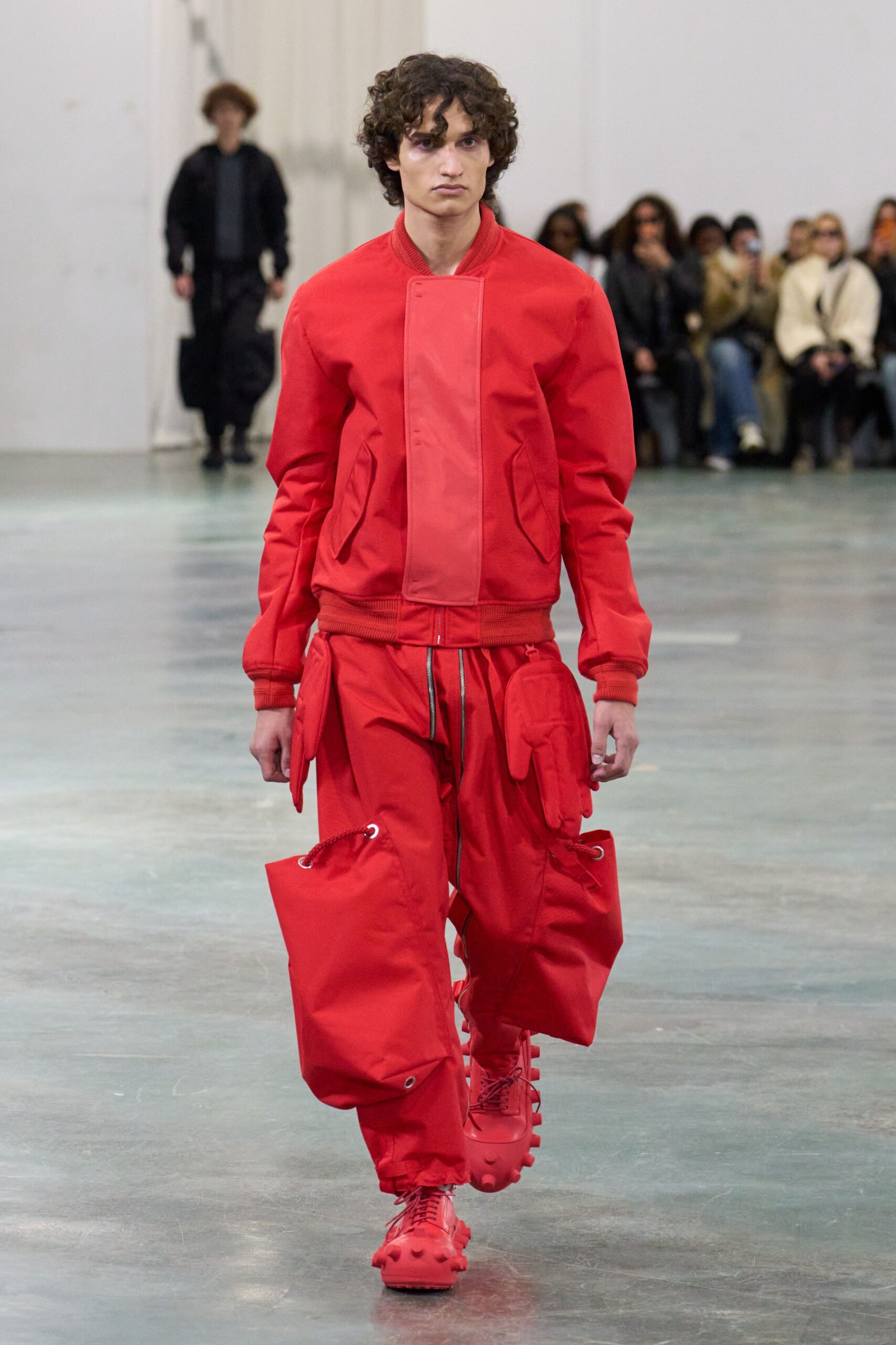 red jacket and cargo pants