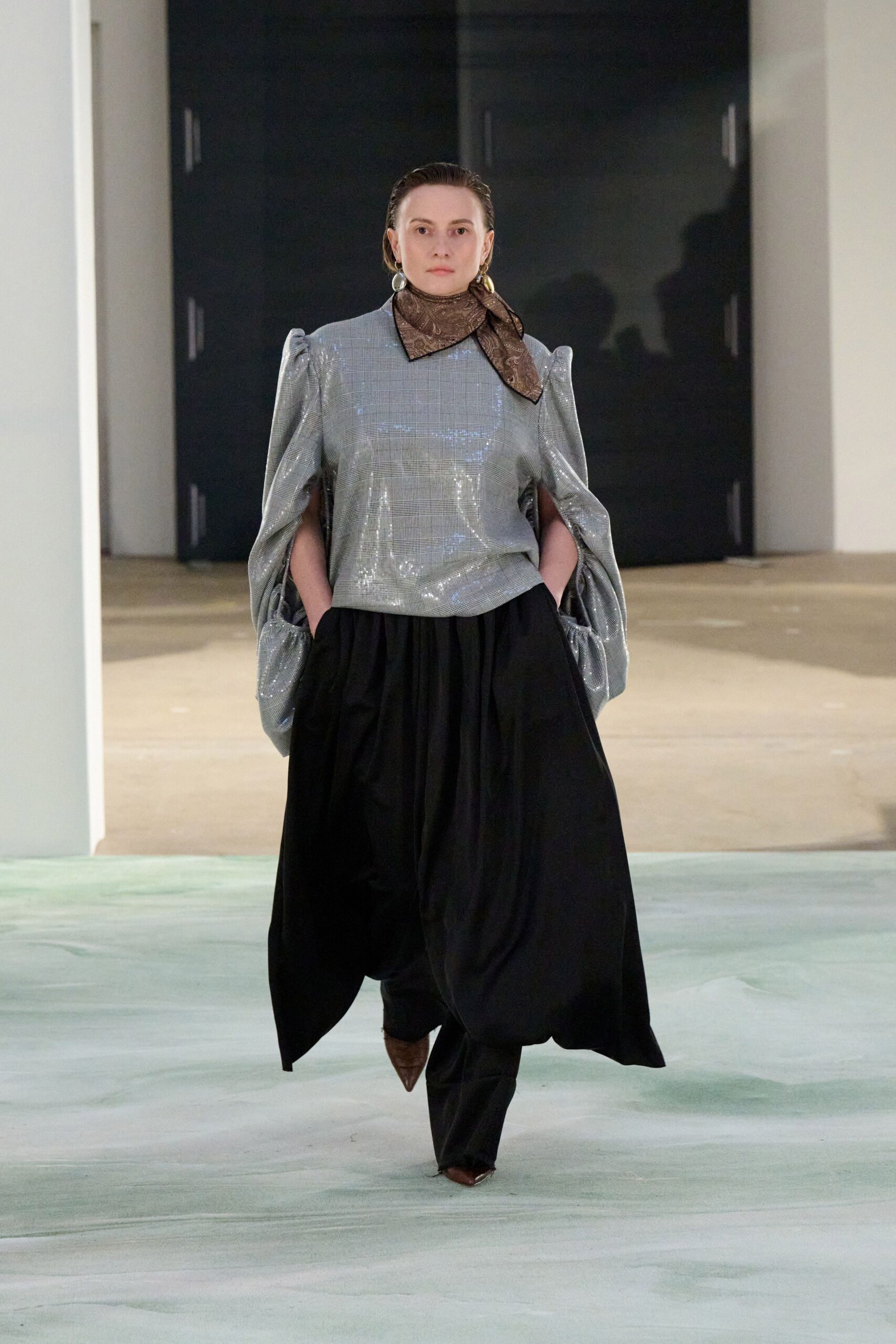 gray metallic long-sleeve high-neck relaxed padded zippered top