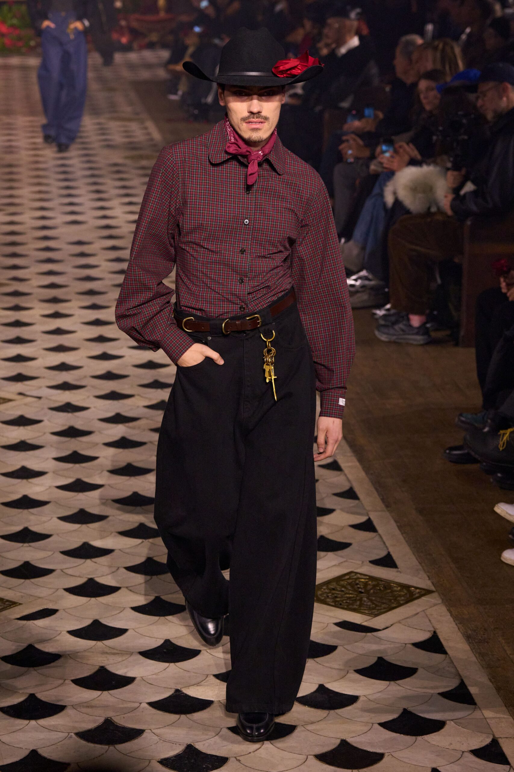 red checked shirt black wide-leg pants