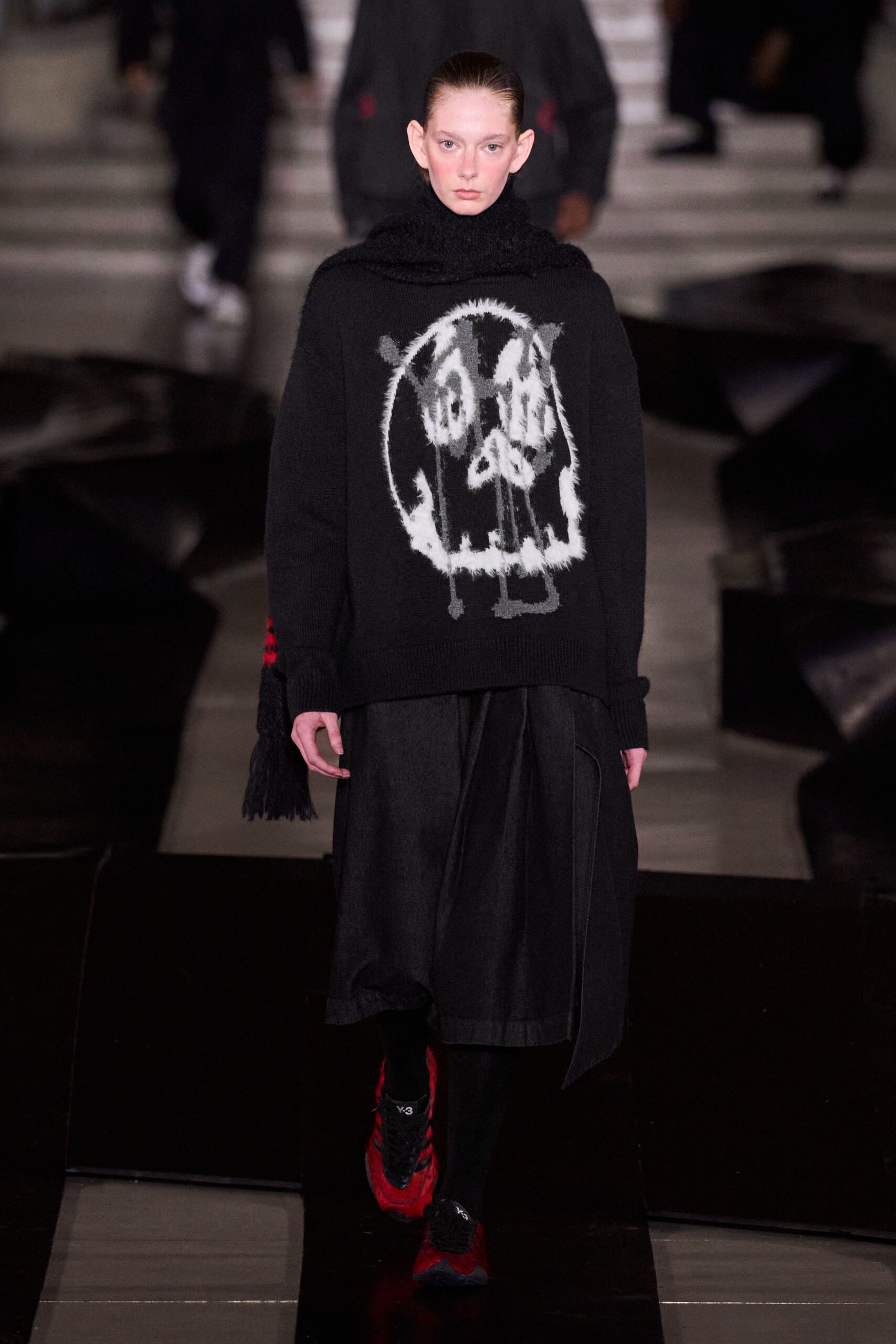 black wool long-sleeve high-neck relaxed printed sweater