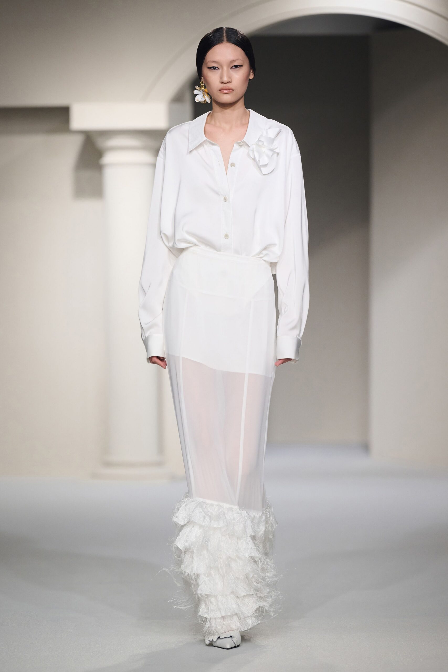 white silk long-sleeve collared relaxed ruffled shirt