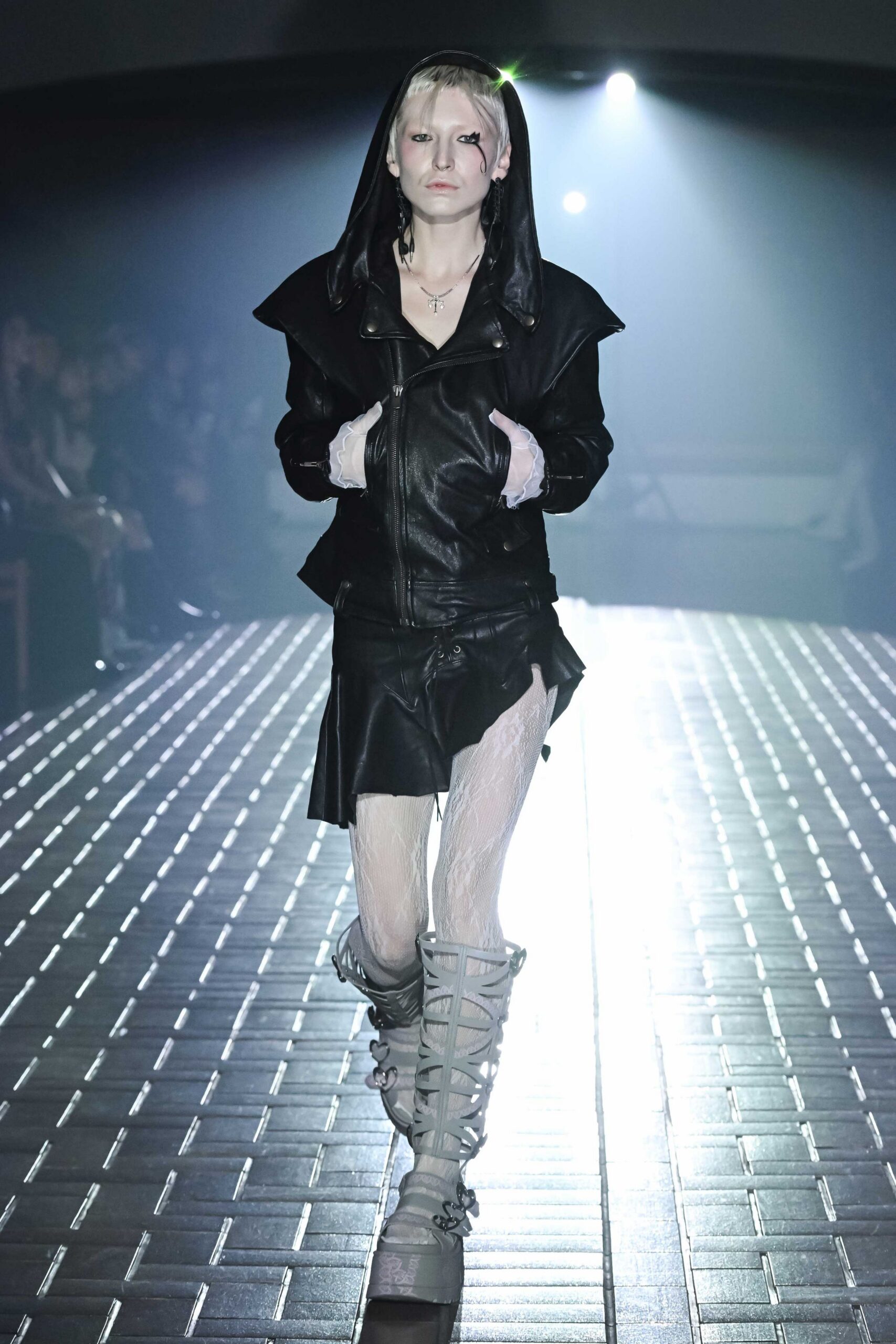 black leather jacket and mini skirt