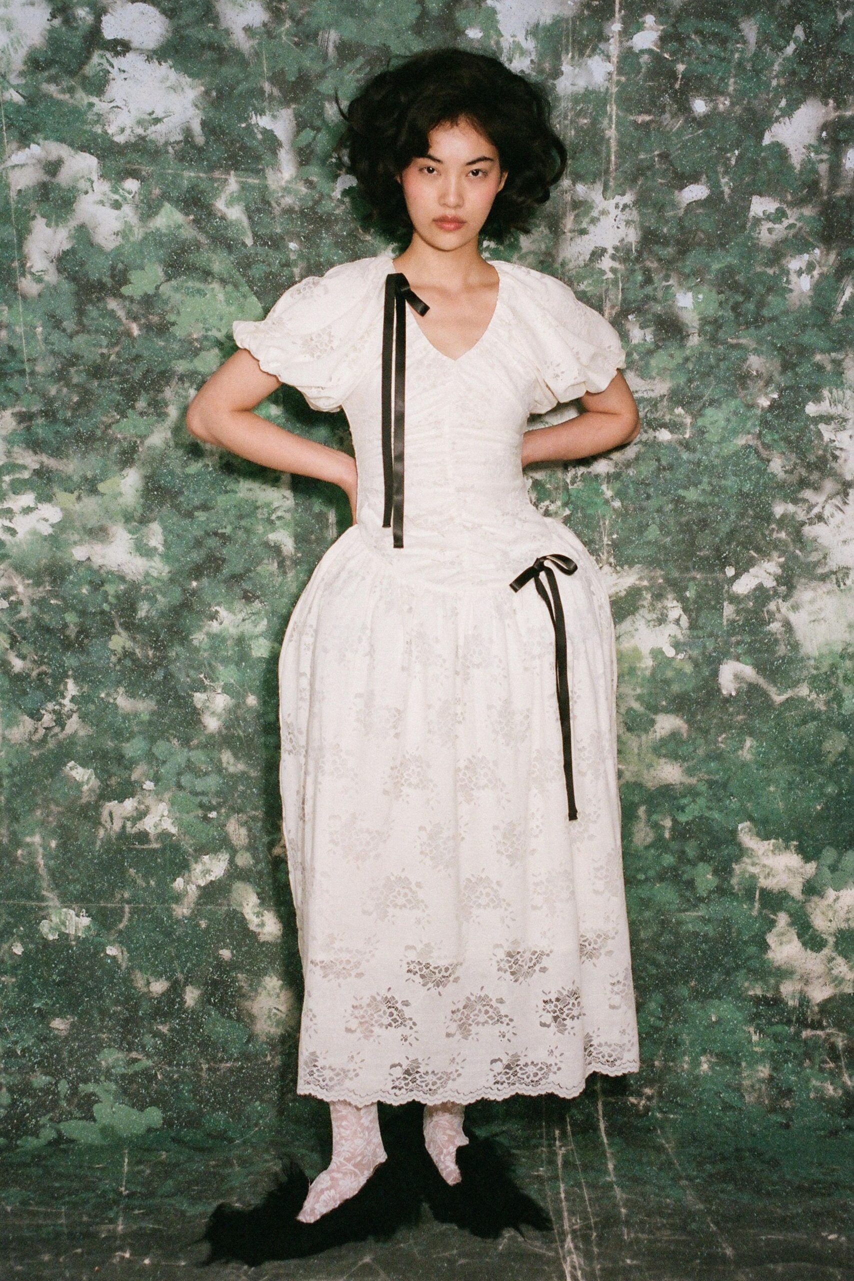 white embroidered ruffled midi dress