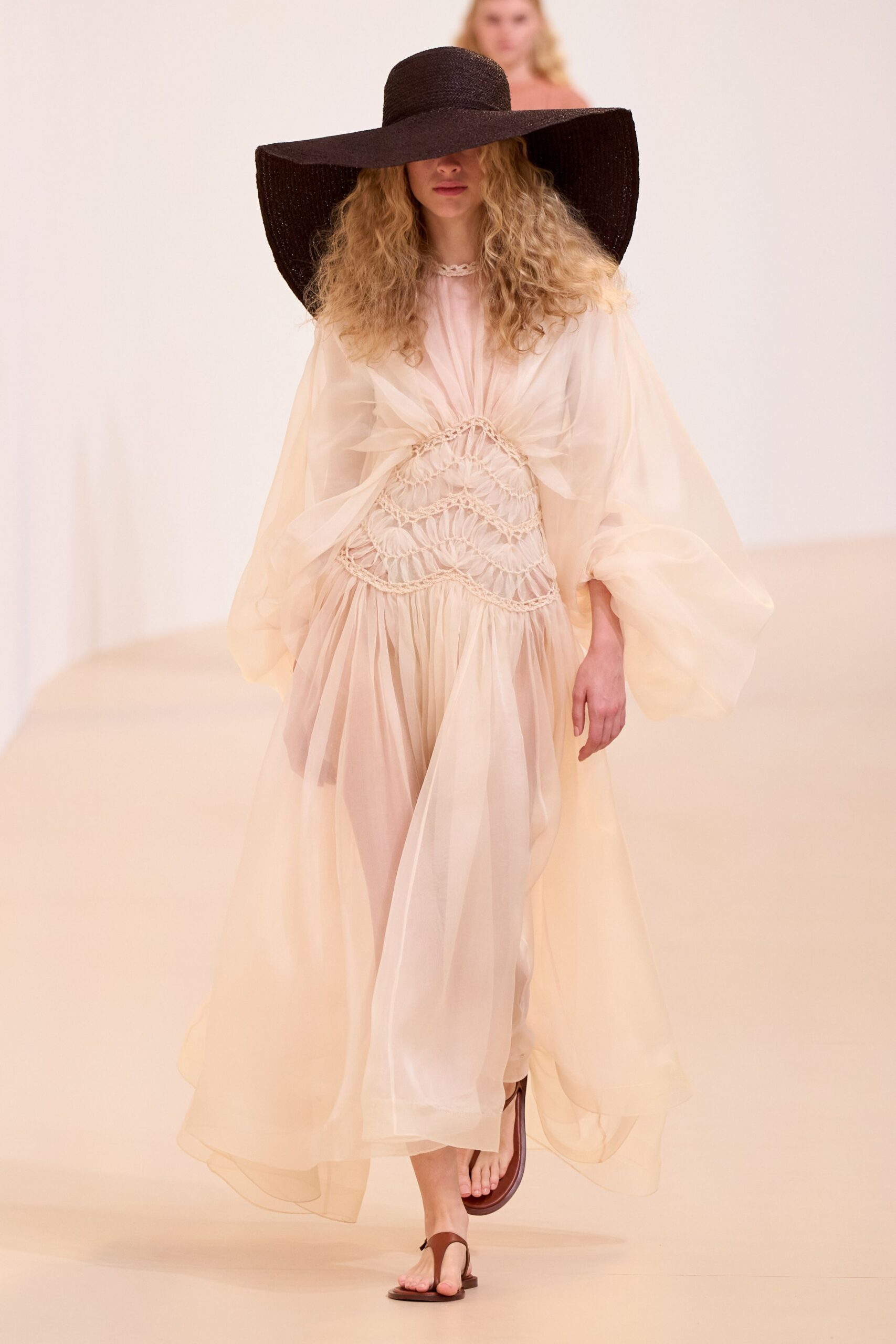 beige chiffon long-sleeve v-neck relaxed draped flowing dress