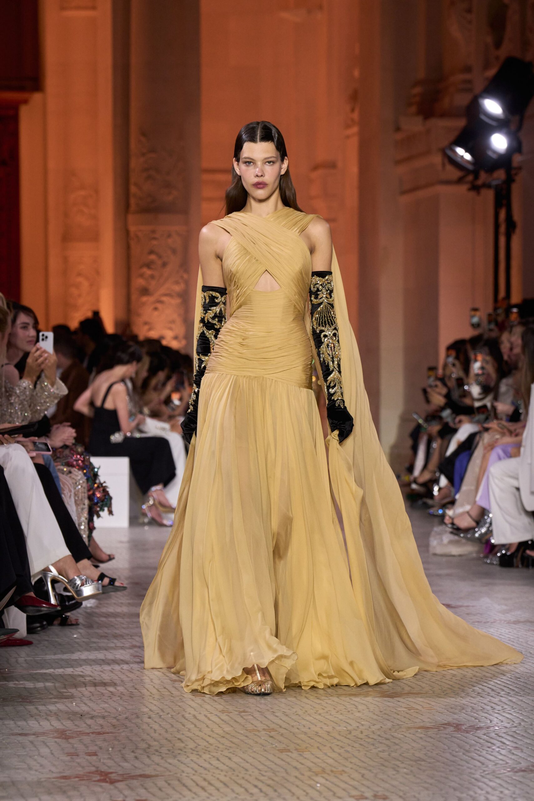 yellow silk sleeveless v-neck fitted draped embellished gown