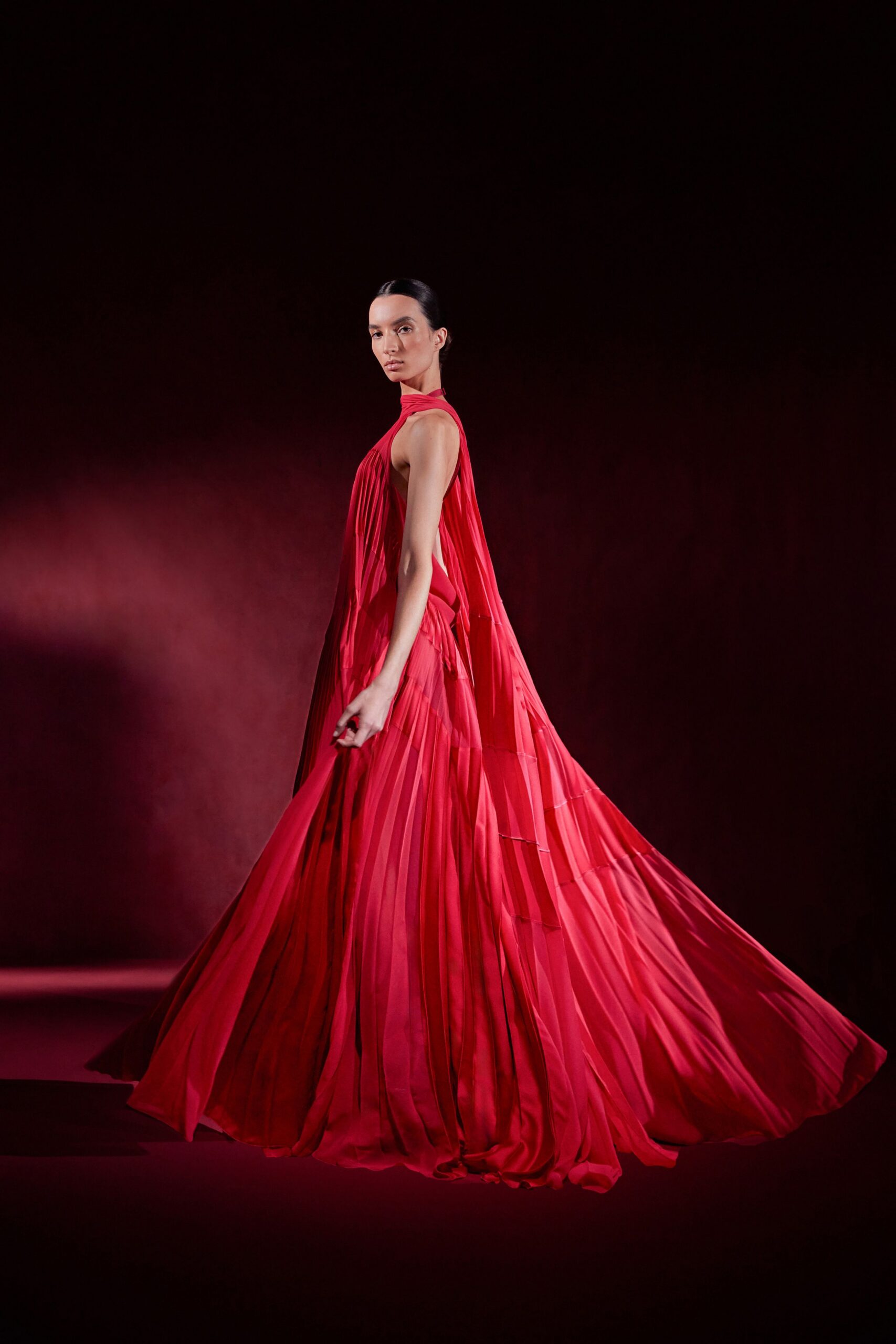 red silk sleeveless gown