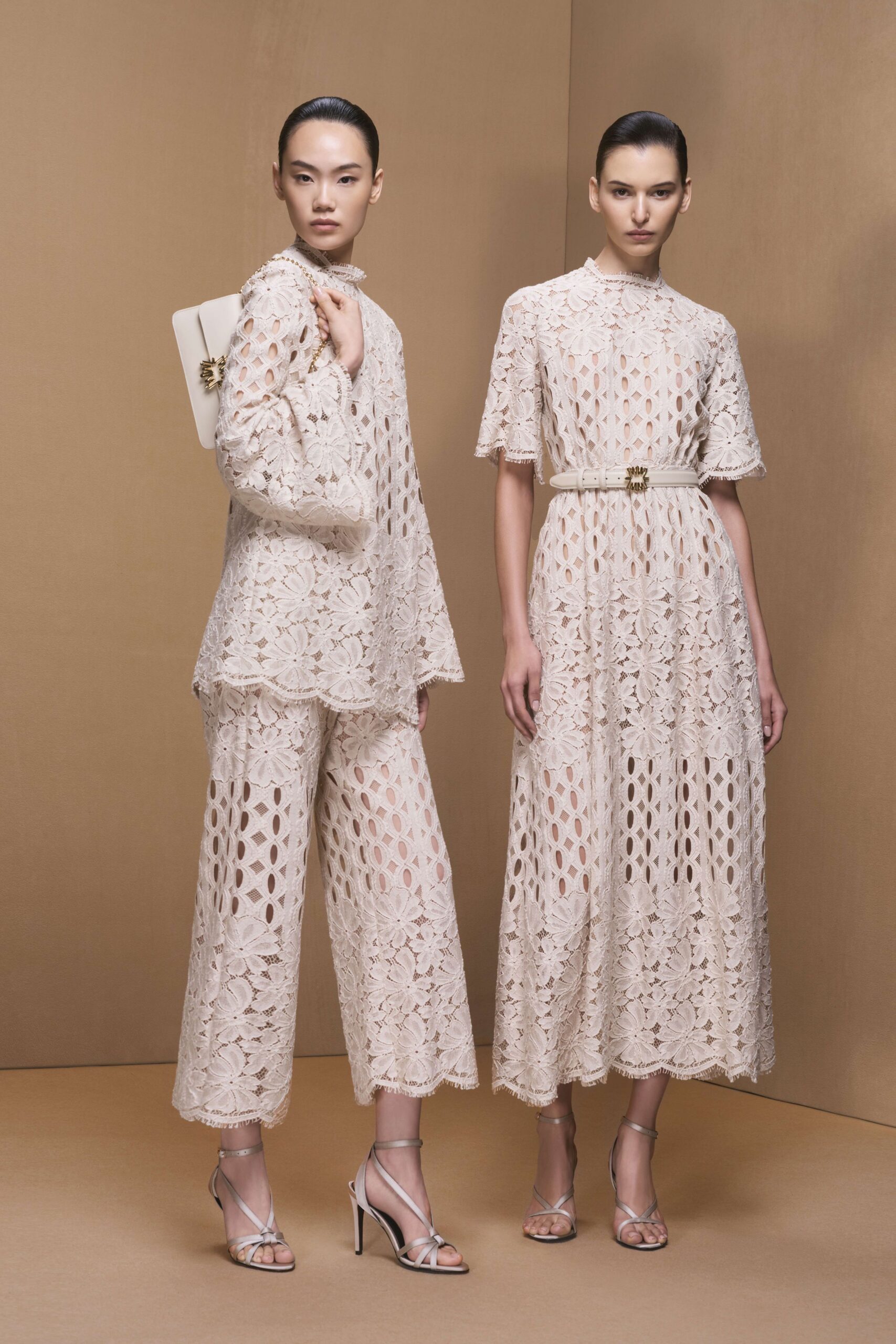 beige lace long-sleeve high-neck relaxed embroidered top