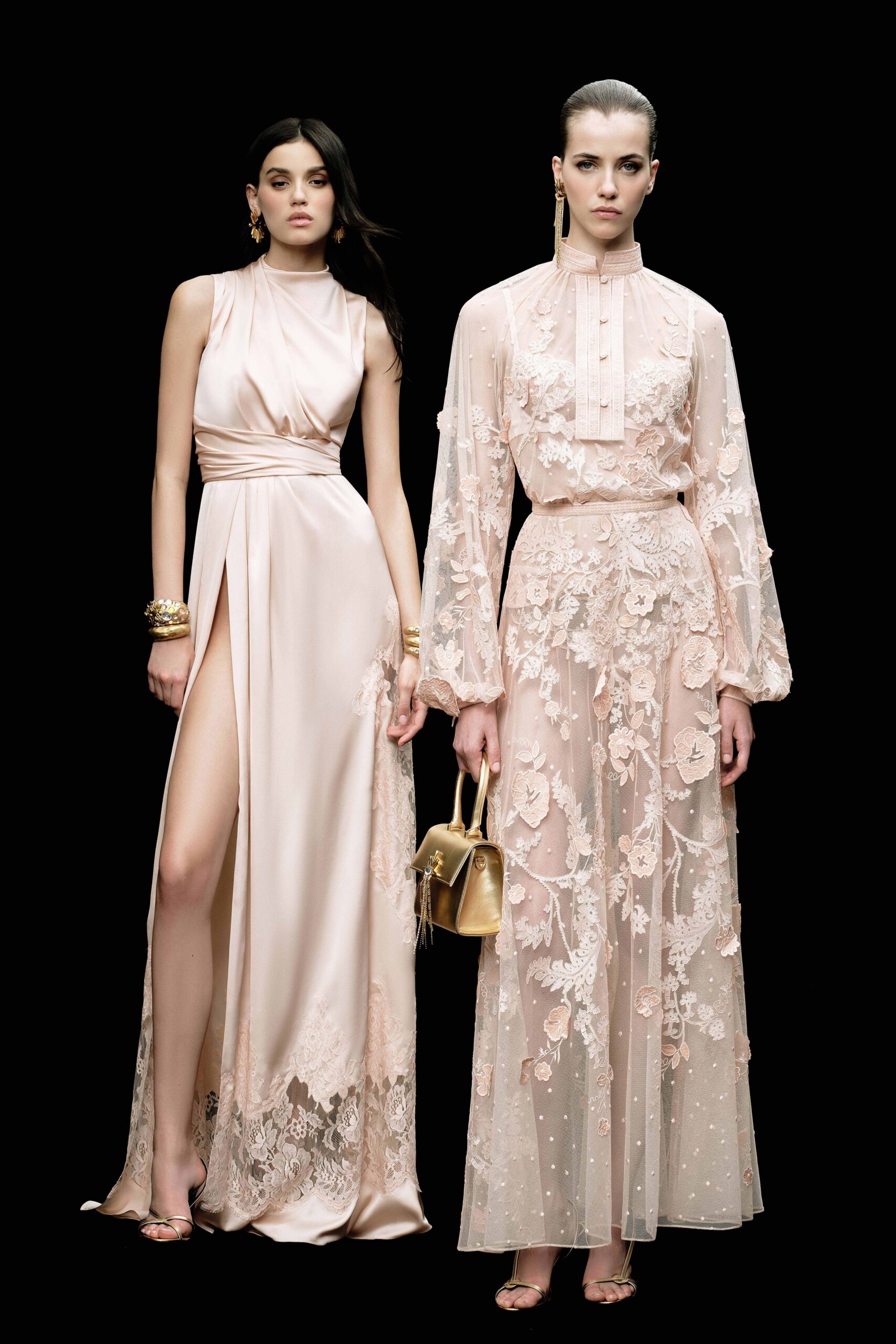 pink chiffon long-sleeve collared fitted embroidered tiered gown
