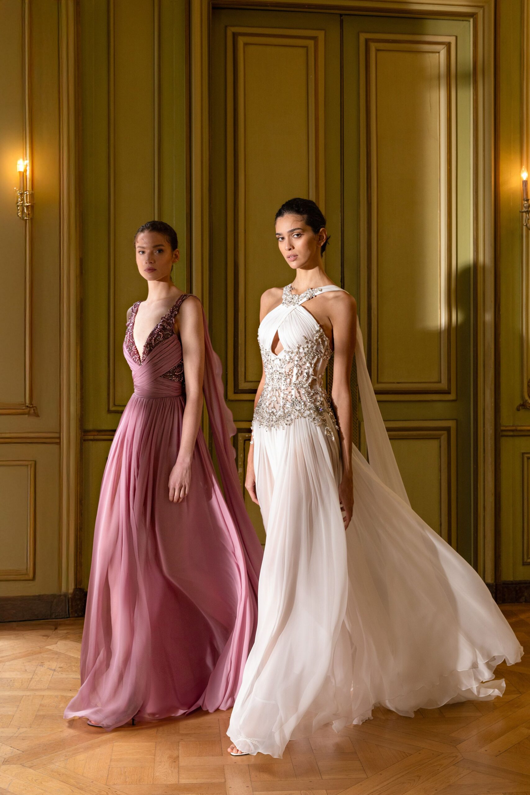 pink and white flowing gowns