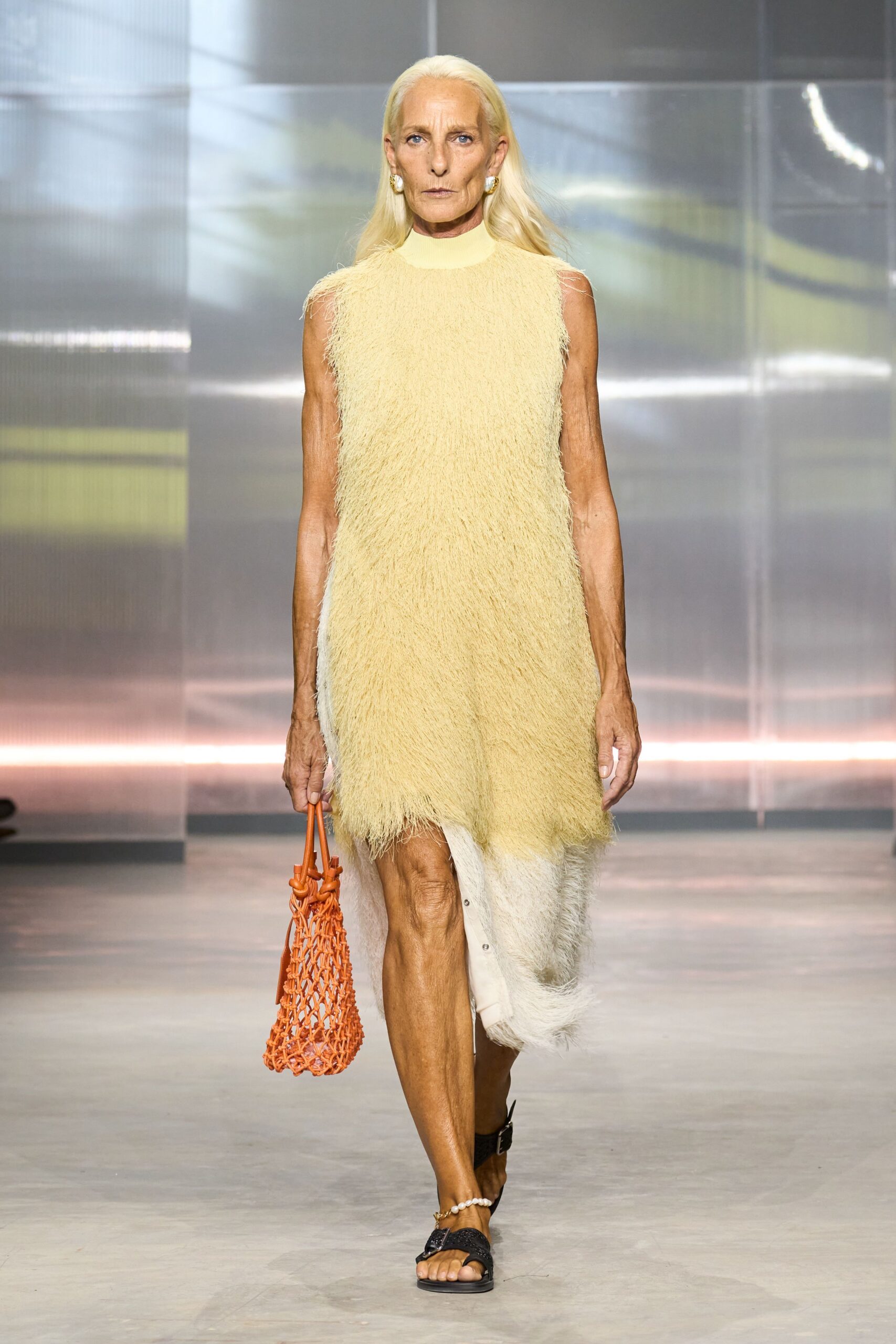 yellow fur sleeveless high-neck relaxed fringed midi dress