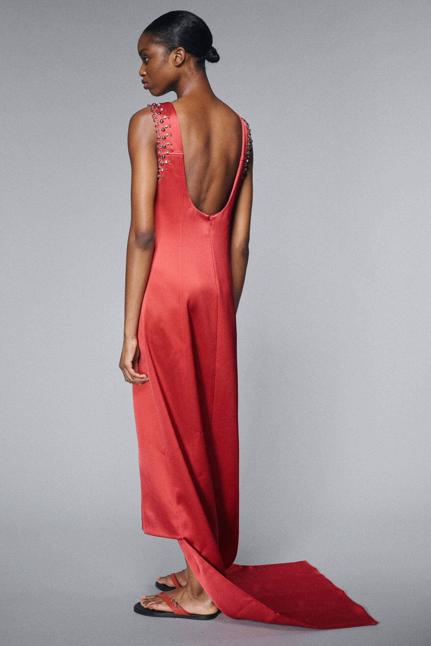red silk sleeveless gown