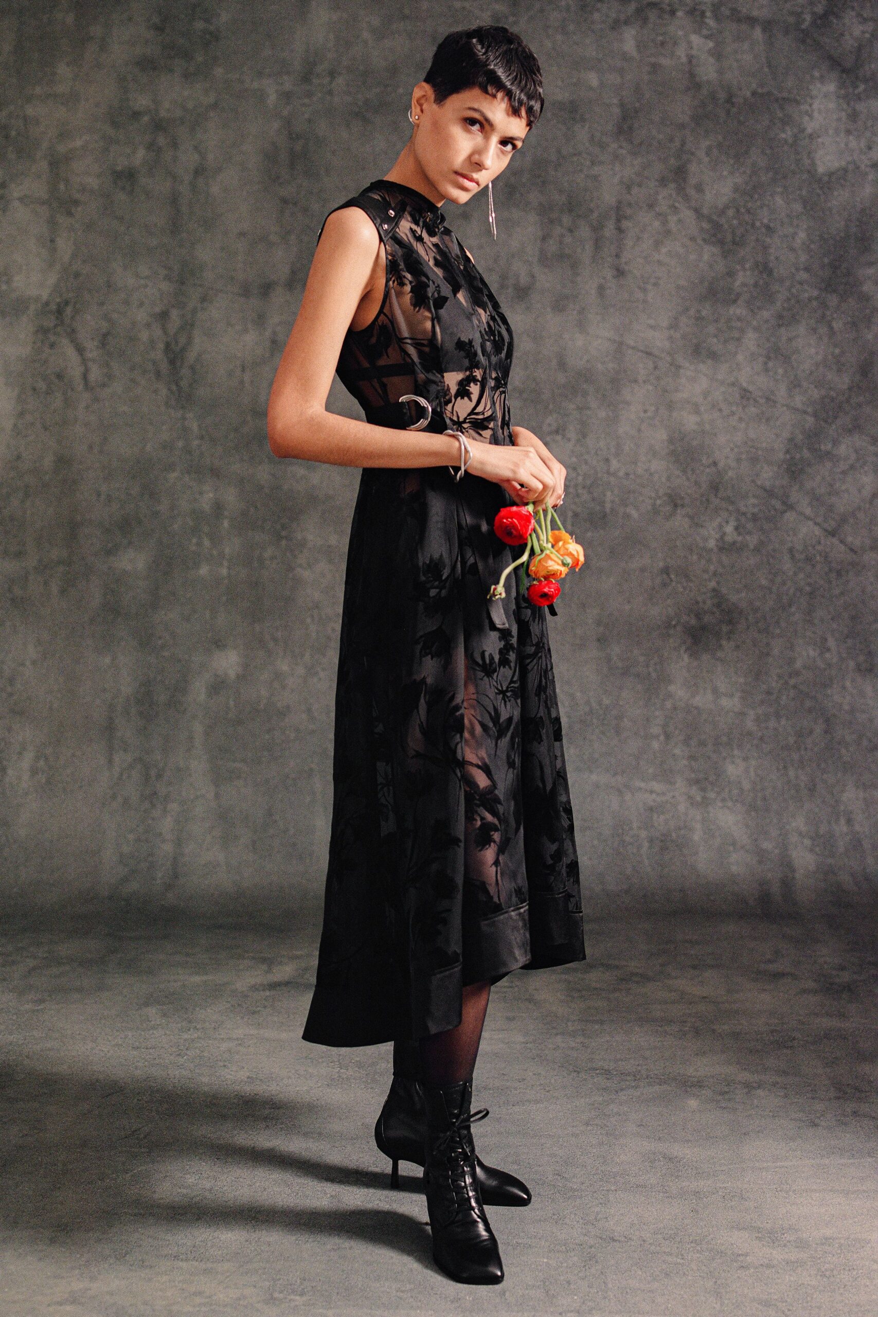 black embroidered midi dress with boots