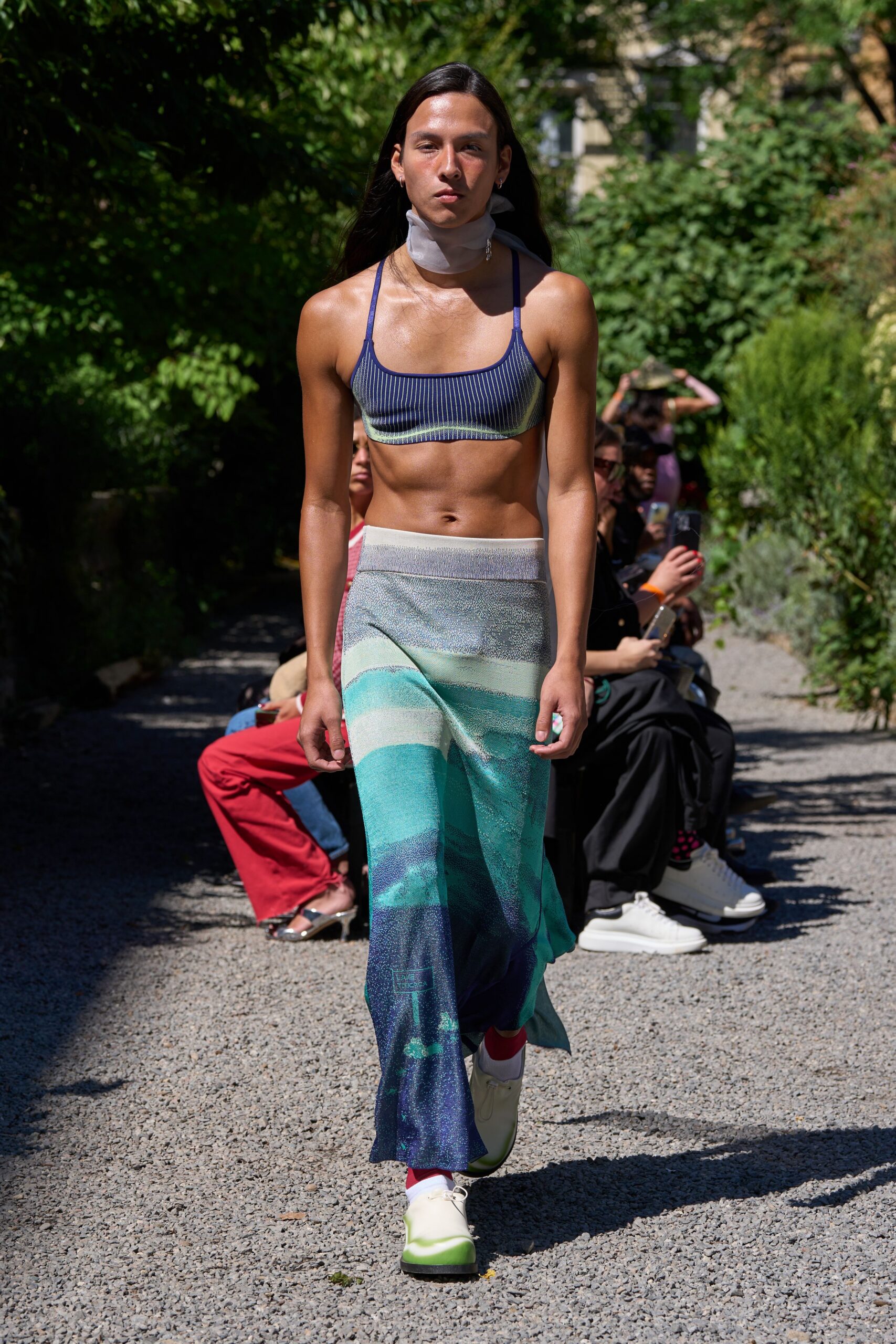 blue cotton sleeveless high-neck fitted striped cropped crop-top