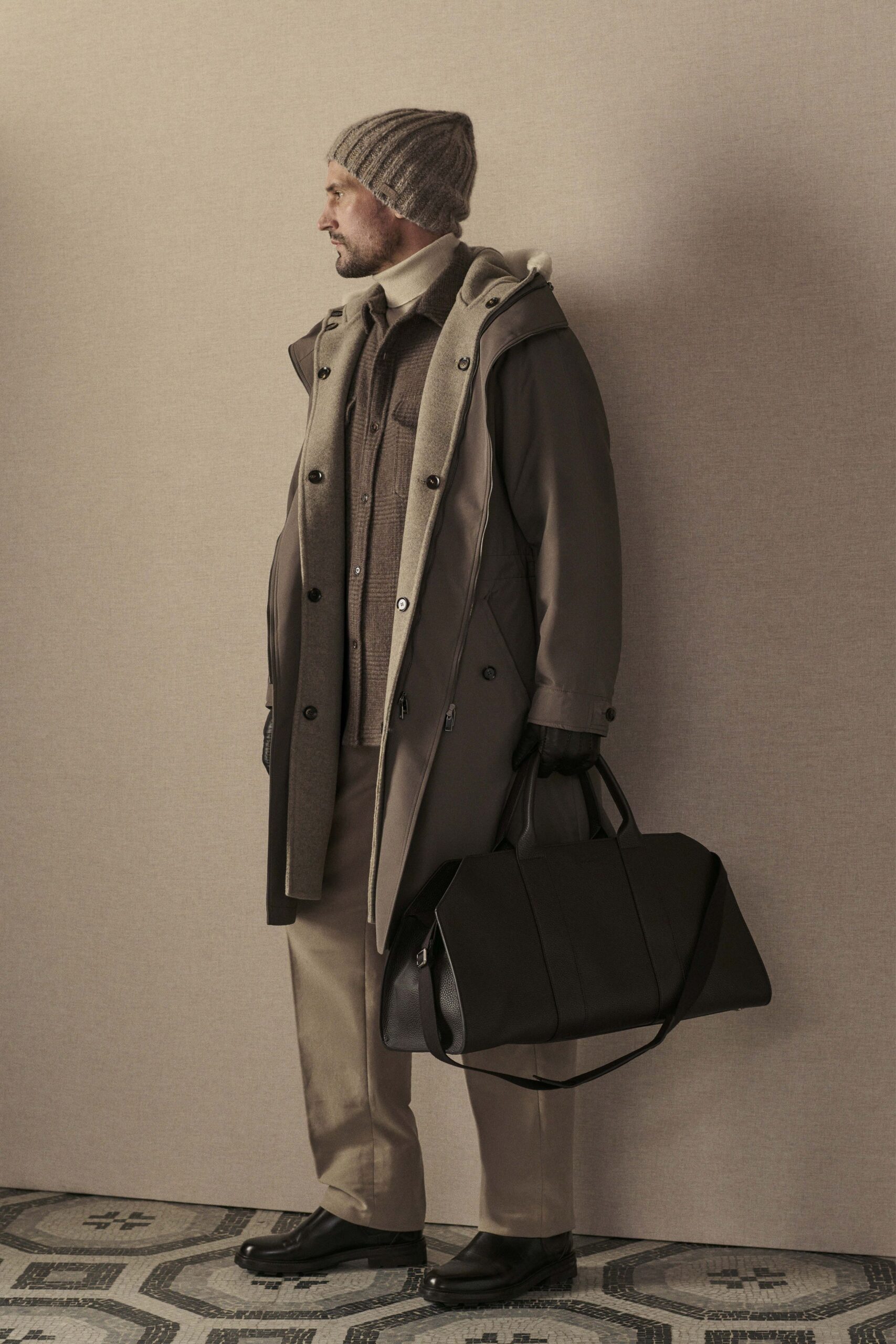gray wool long-sleeve collared fitted shirt