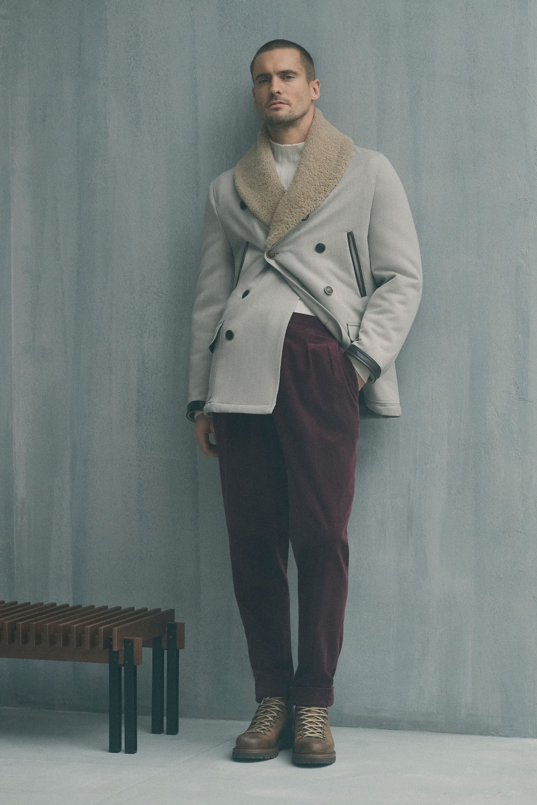 gray cotton long-sleeve collared structured zippered jacket
