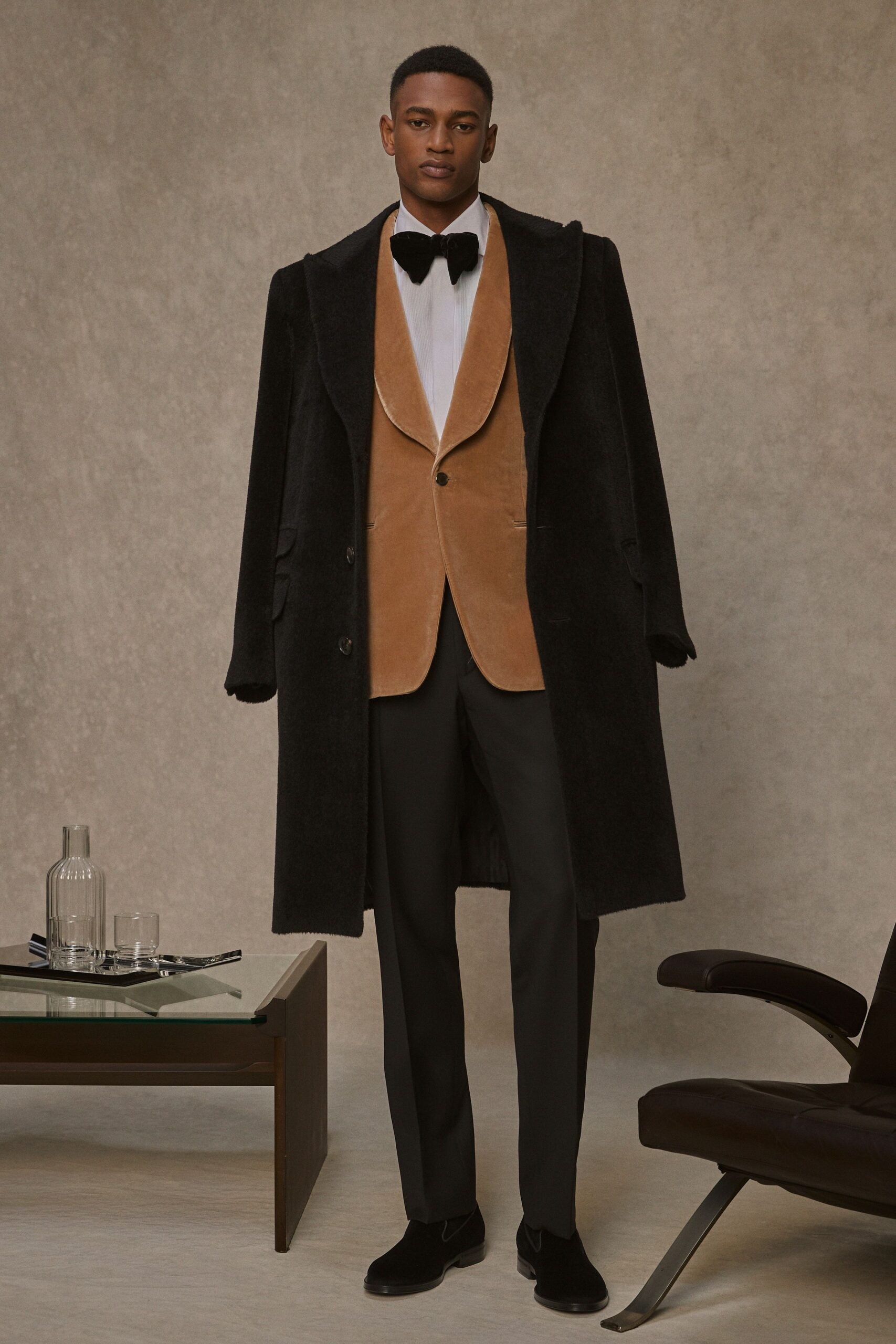 black wool coat brown velvet blazer
