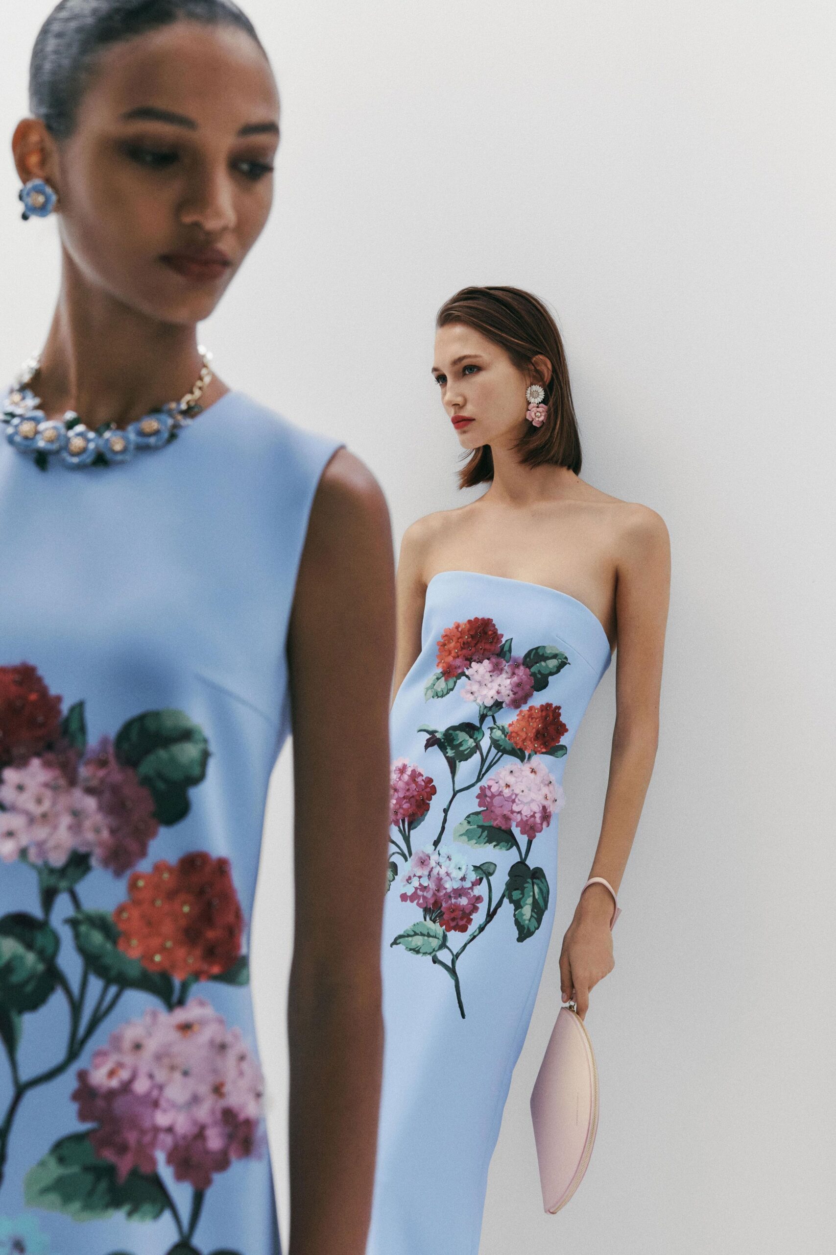 blue floral strapless gown