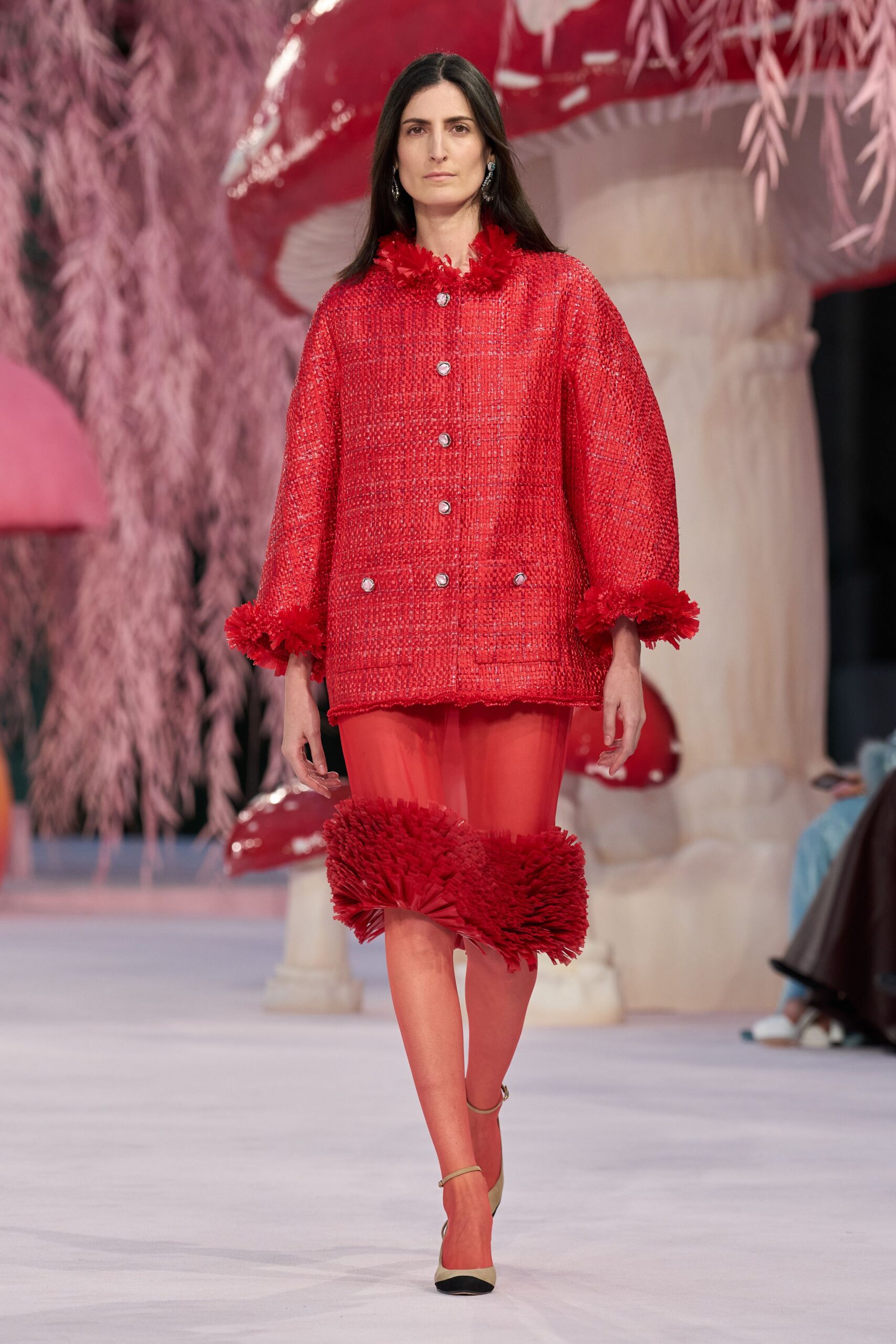 red cotton long-sleeve collared relaxed buttoned ruffled jacket