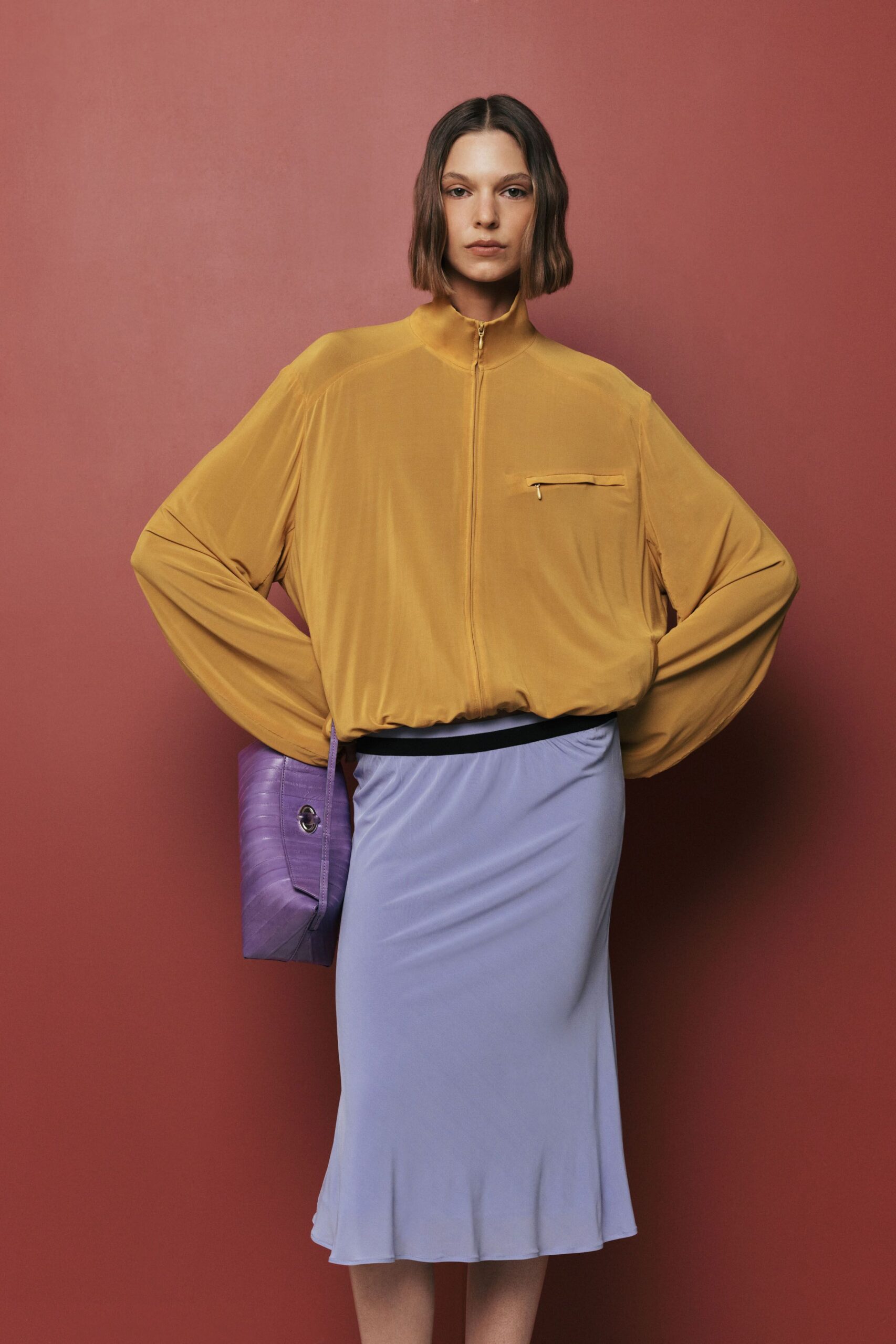 yellow silk long-sleeve collared relaxed zippered top