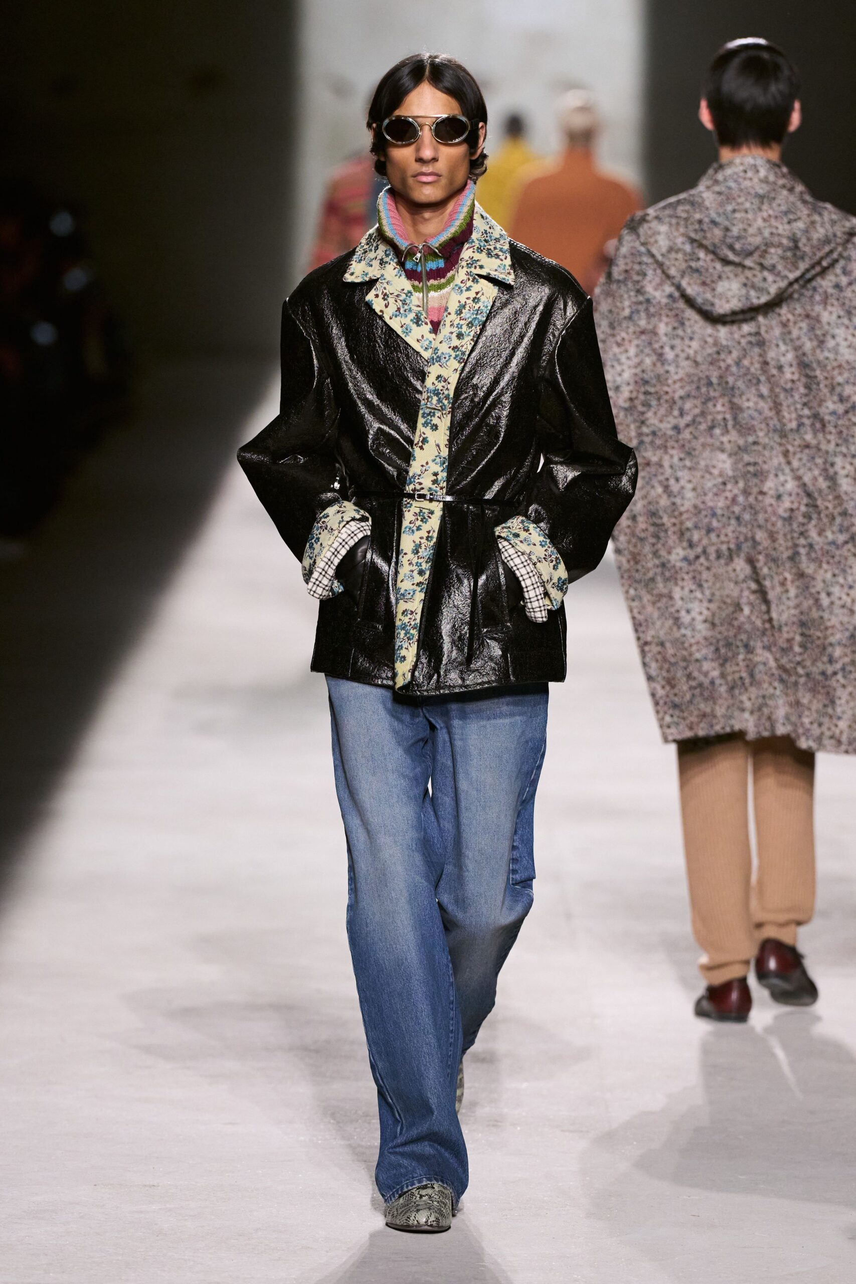 black leather jacket with floral shirt