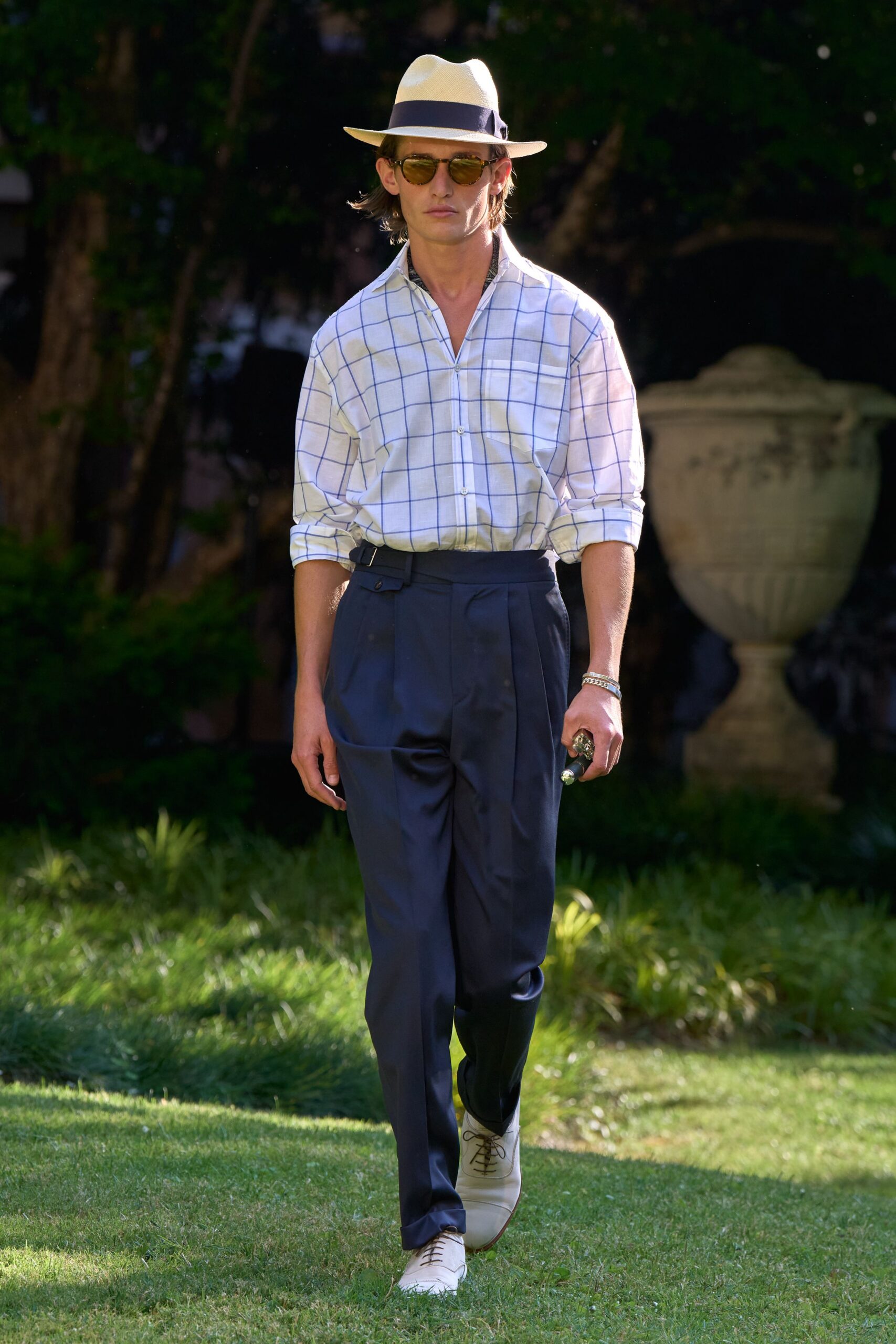 relaxed white checked shirt with tailored black pants