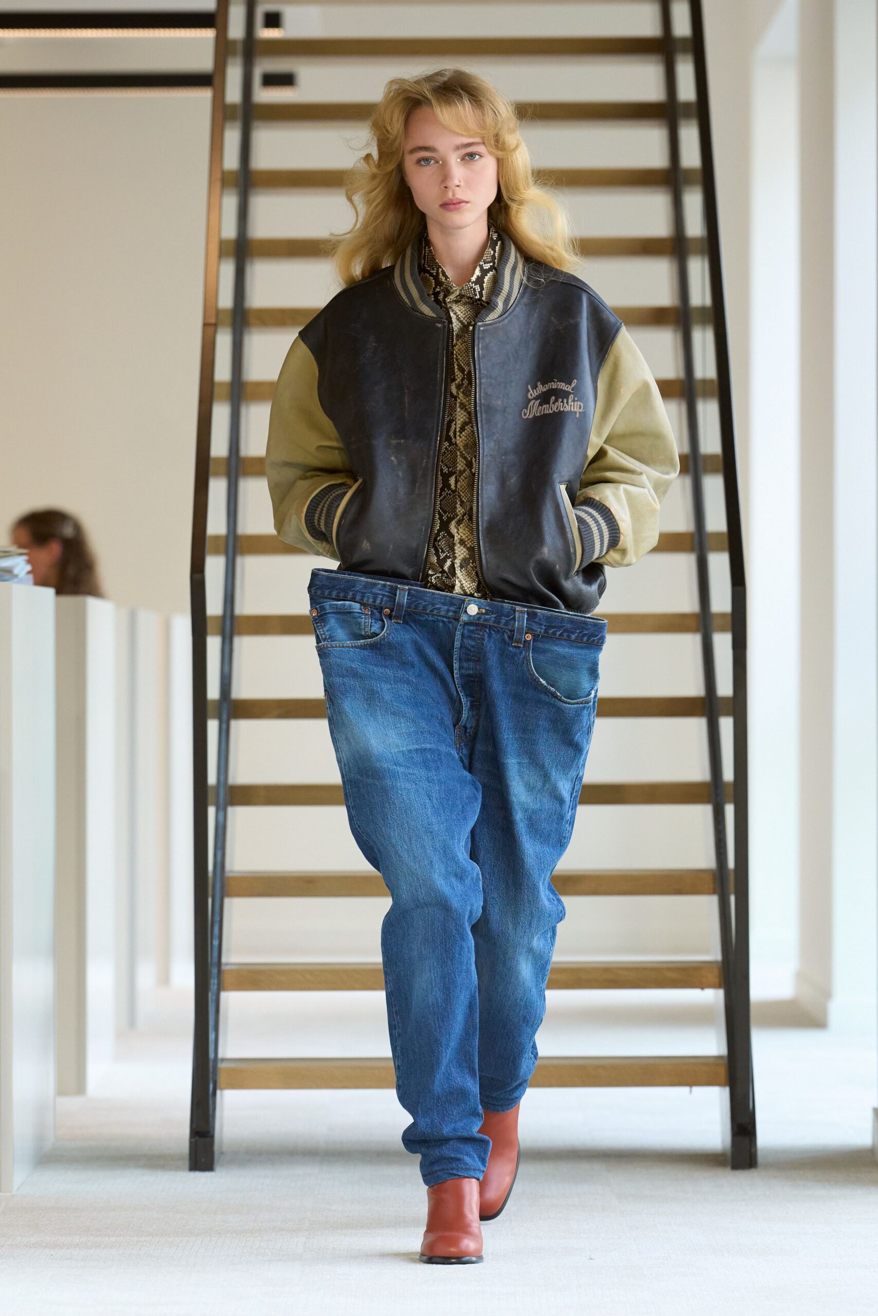 relaxed black leather jacket with printed shirt