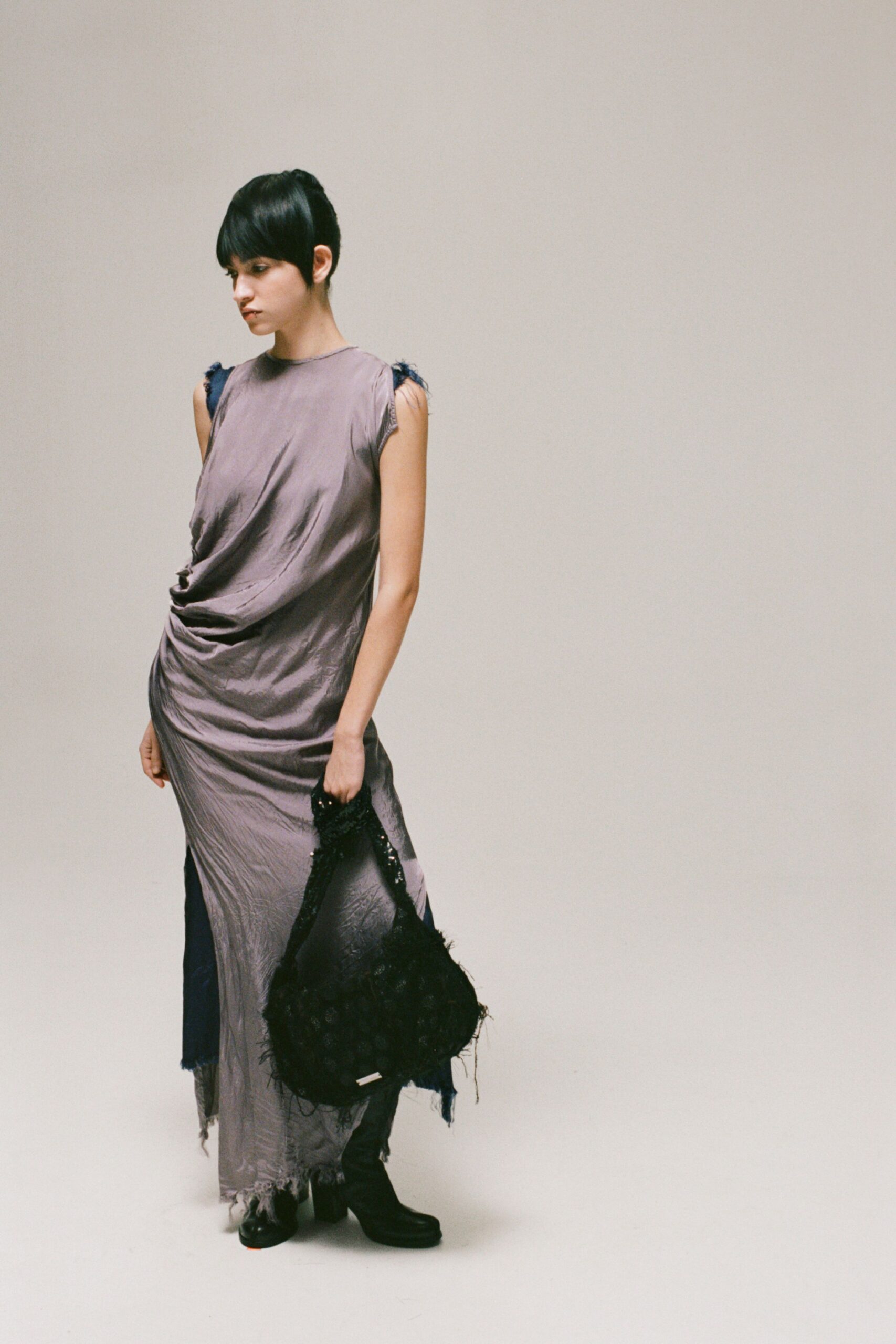 purple silk sleeveless v-neck fitted draped layered dress