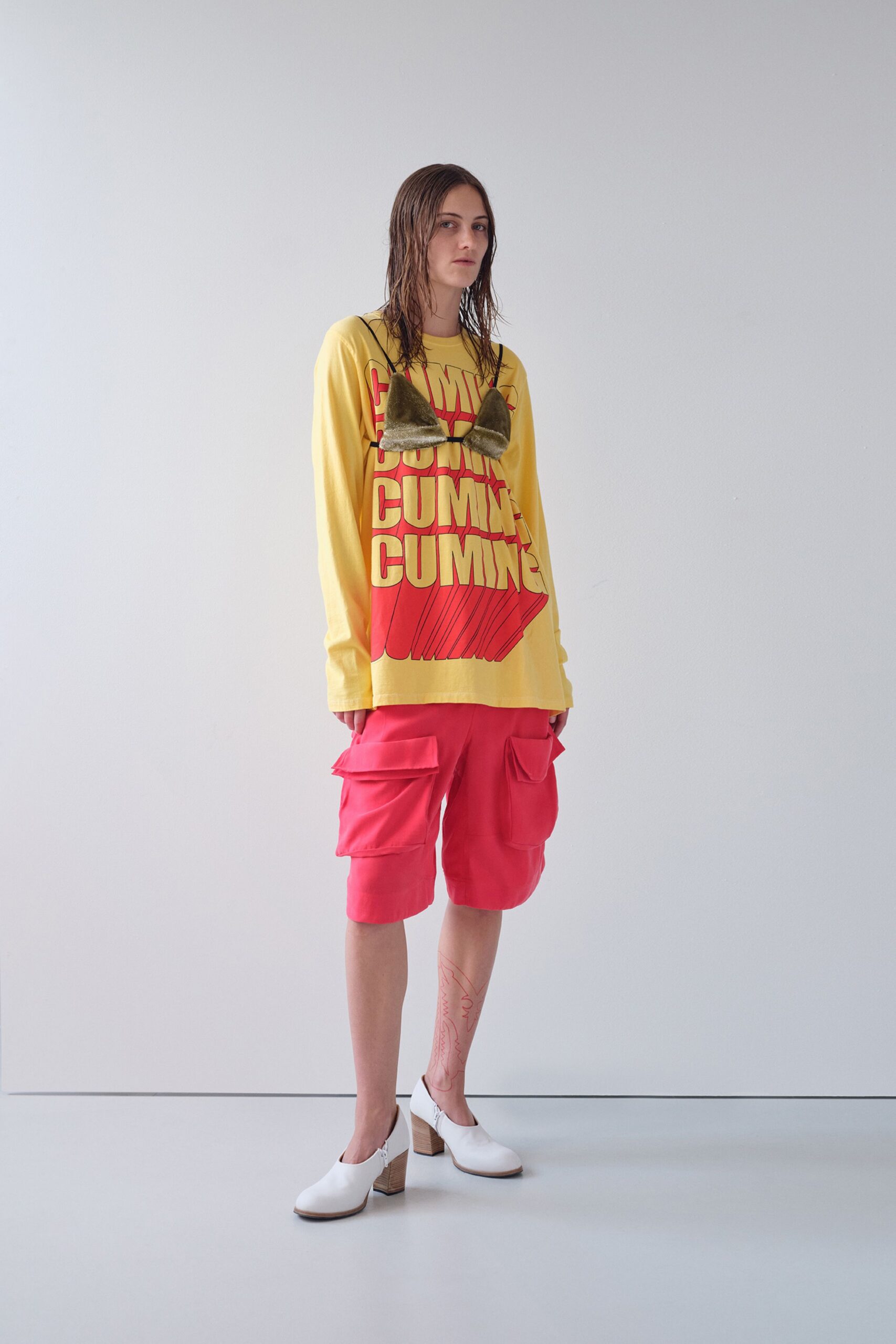 yellow cotton long-sleeve collared relaxed printed top