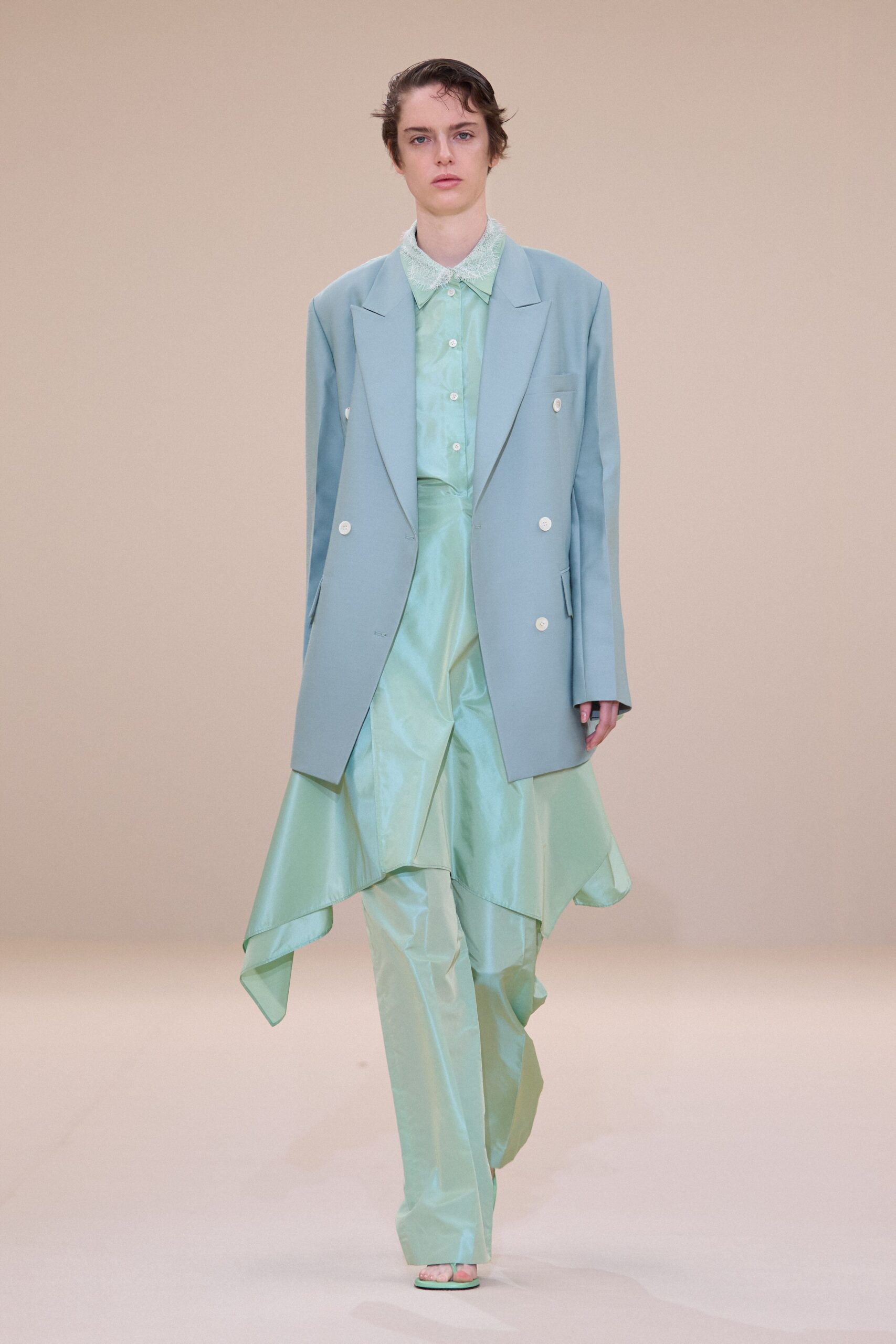 blue silk long-sleeve collared relaxed buttoned blazer