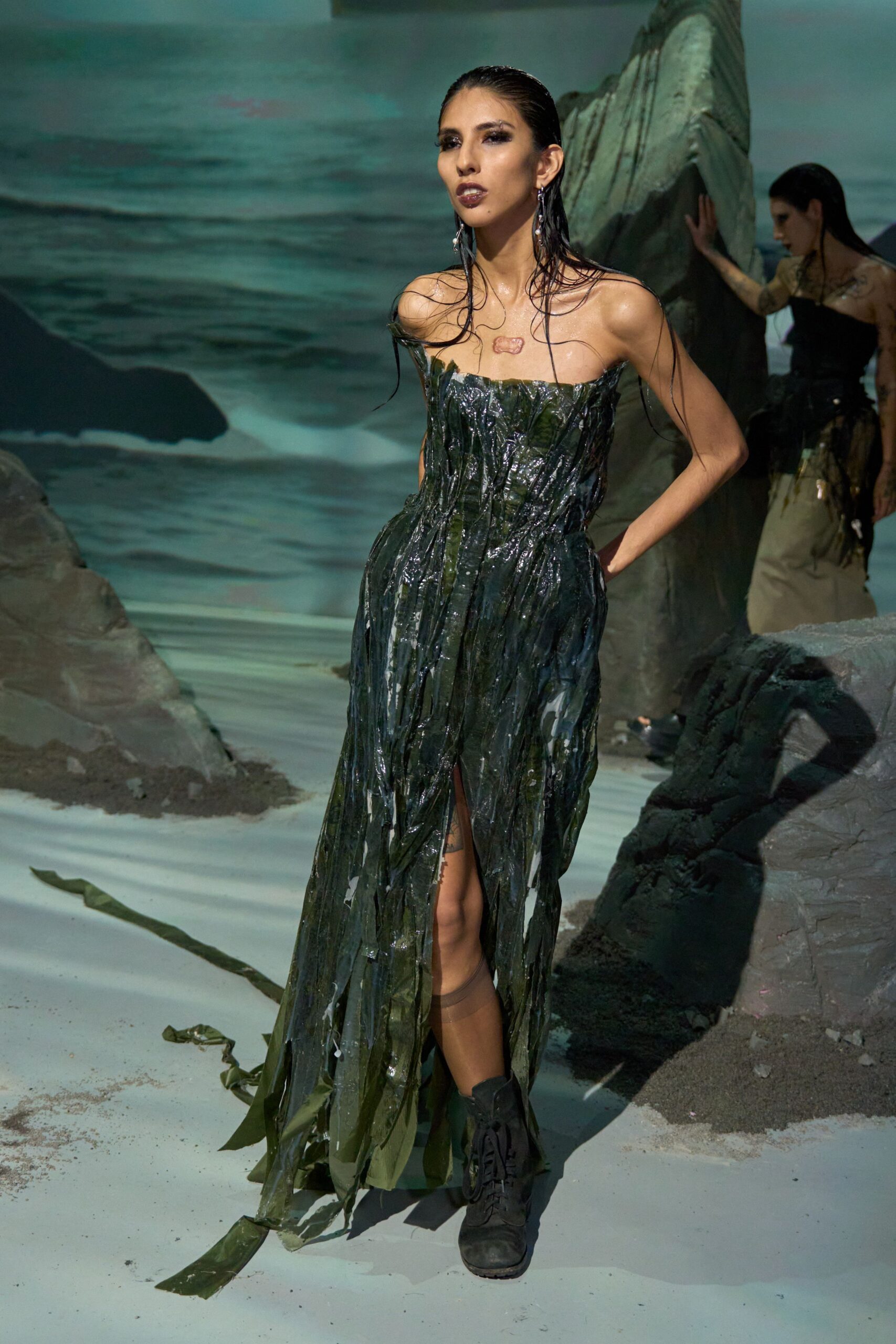 green vinyl strapless slit fitted draped shiny gown