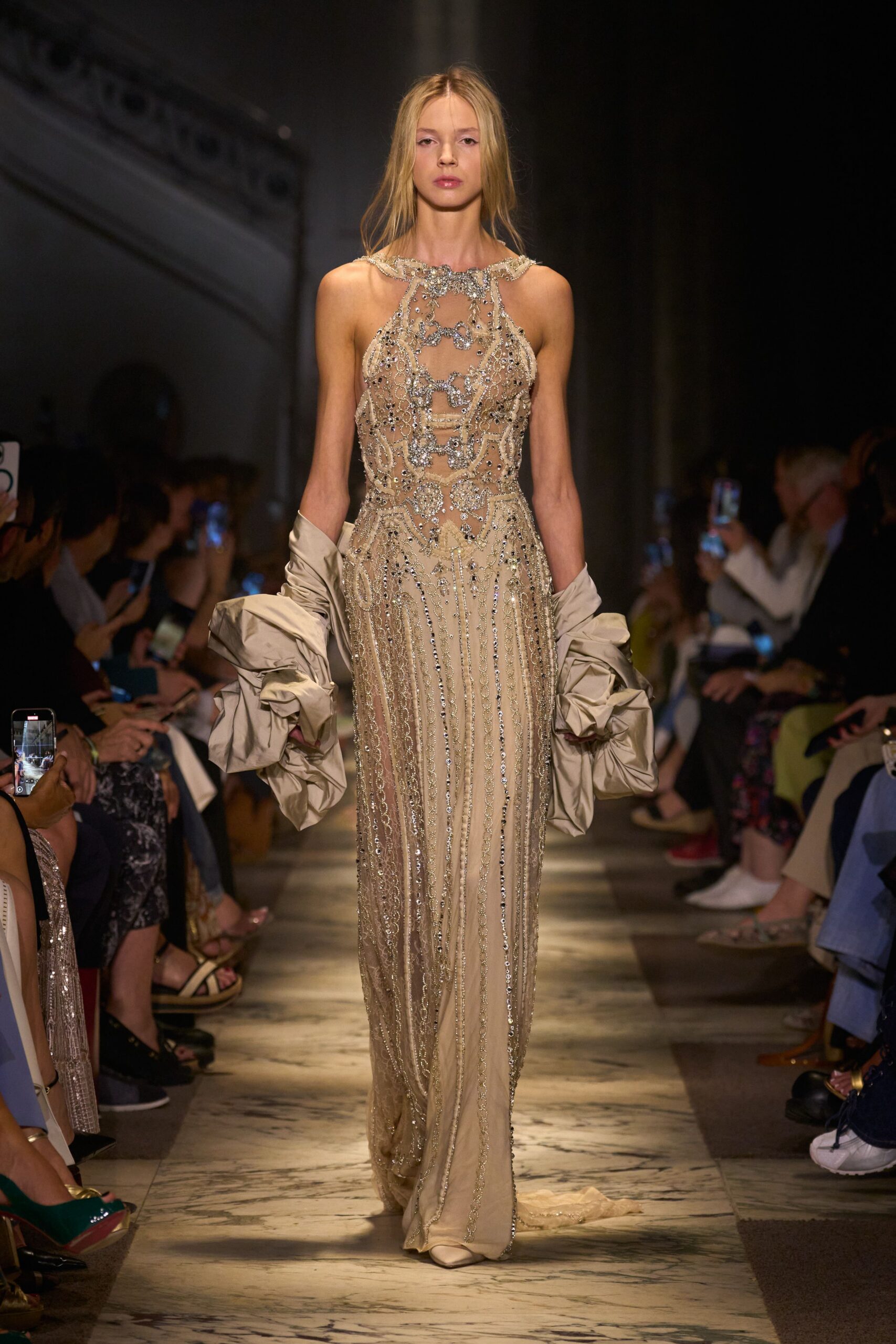 beige silk sleeveless high-neck fitted embellished layered gown