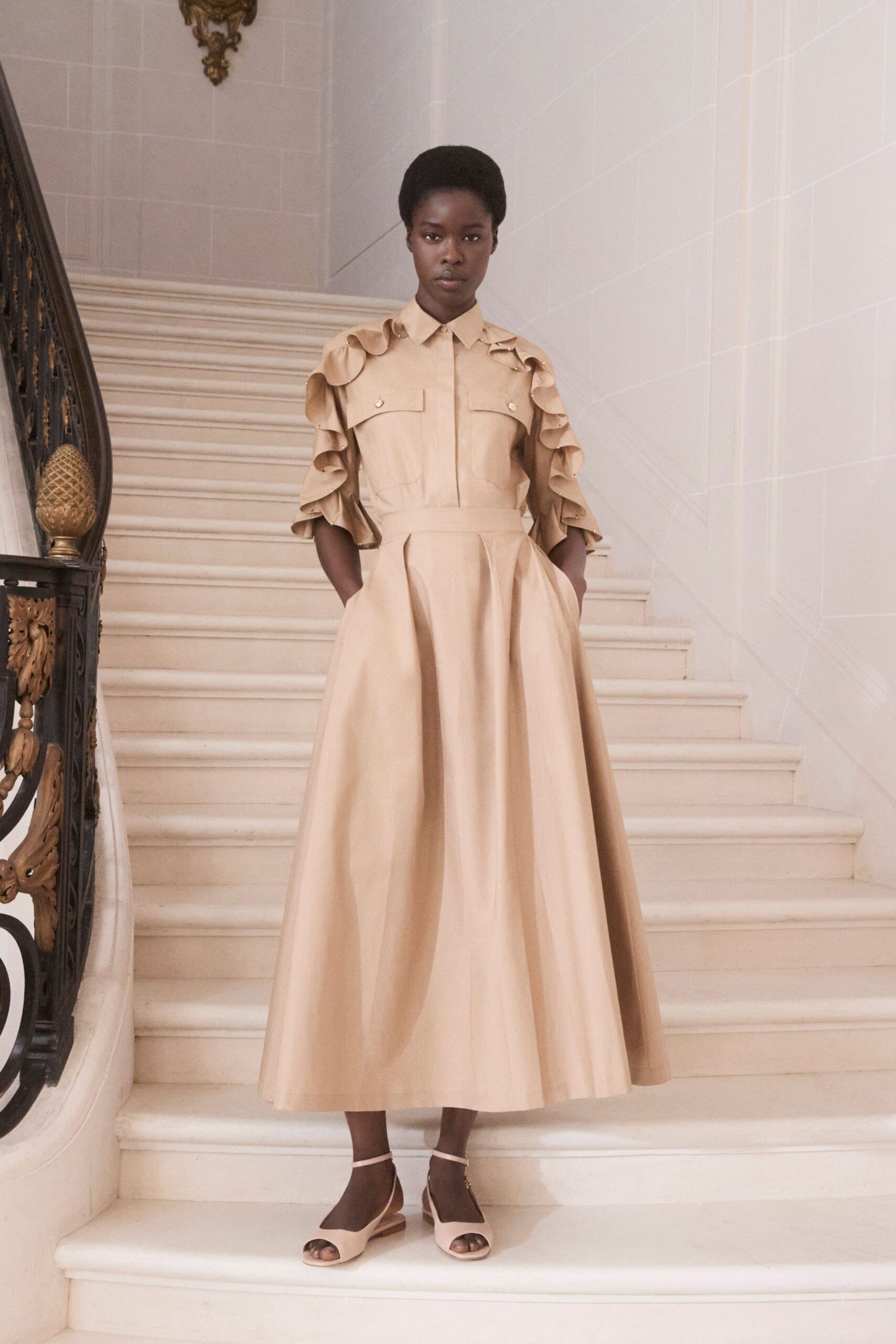 beige cotton short-sleeve collared fitted pleated ruffled dress
