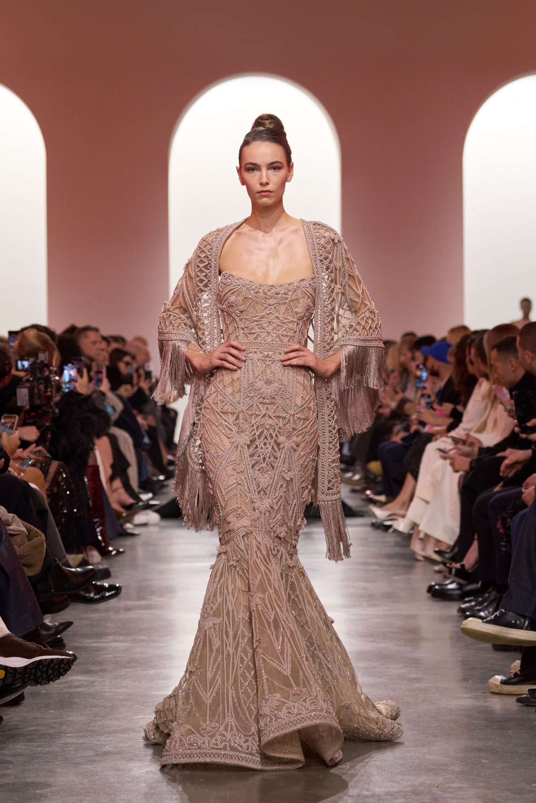 beige silk sleeveless v-neck fitted embroidered fringed gown