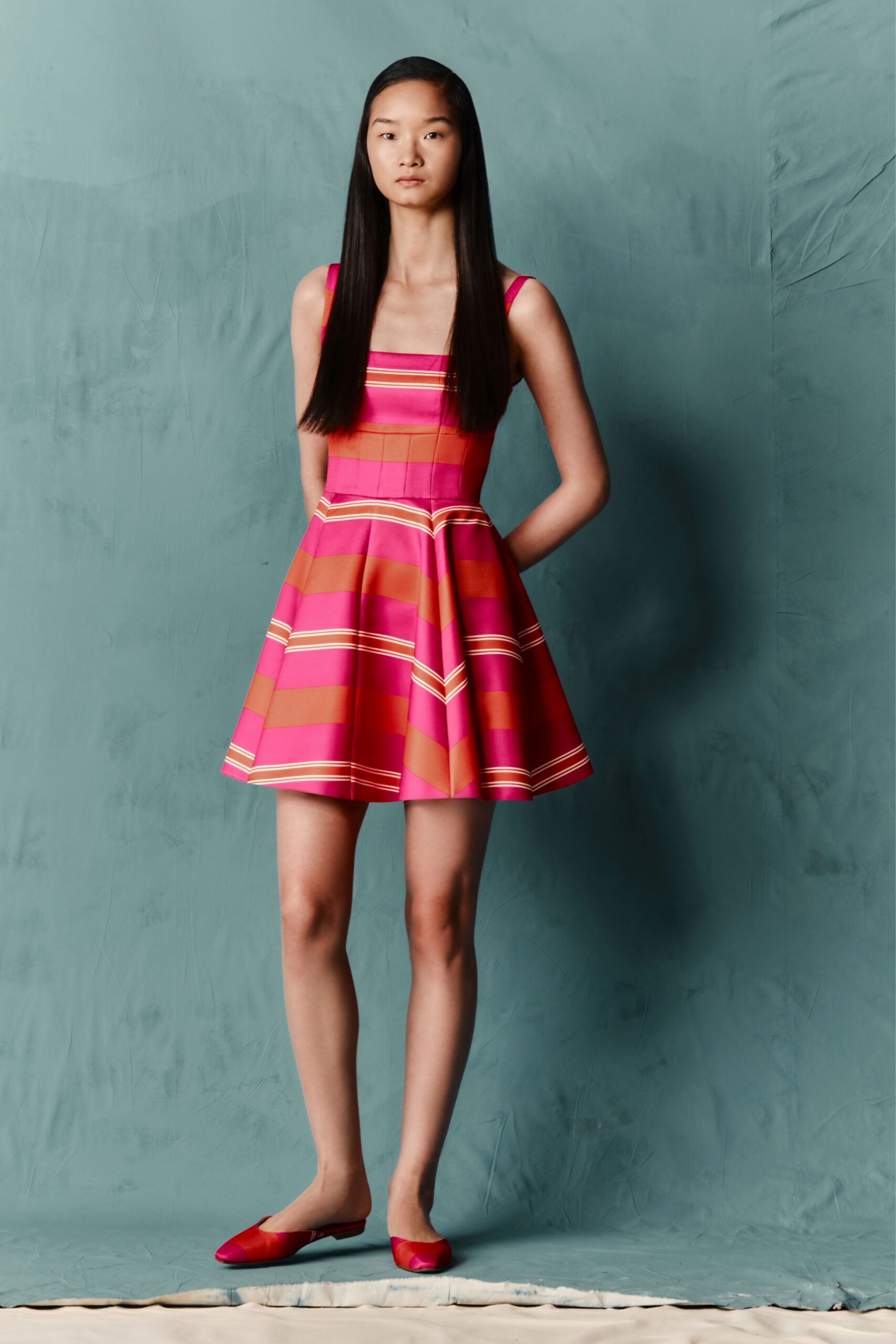 pink cotton sleeveless square-neck fitted striped pleated dress