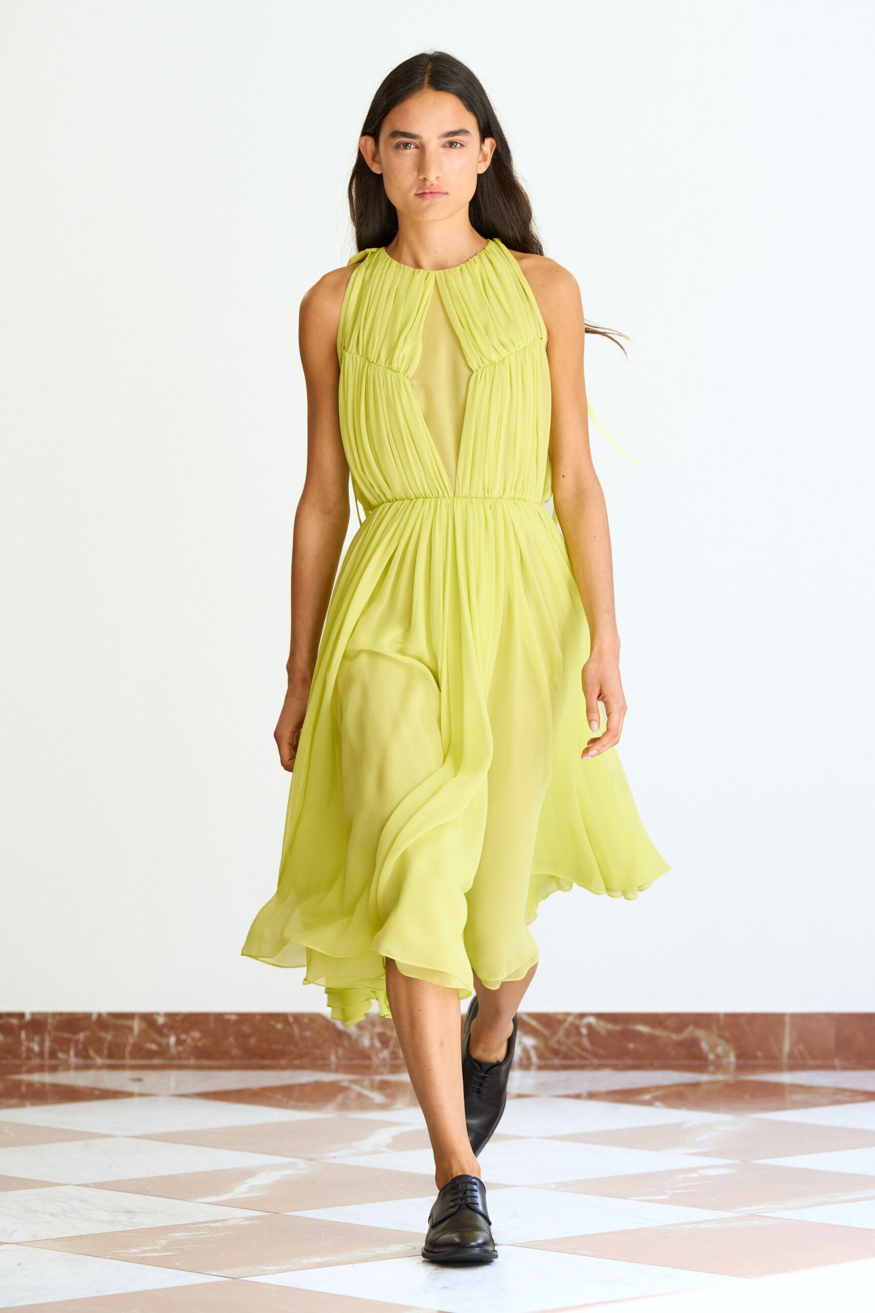 yellow chiffon sleeveless high-neck fitted pleated dress