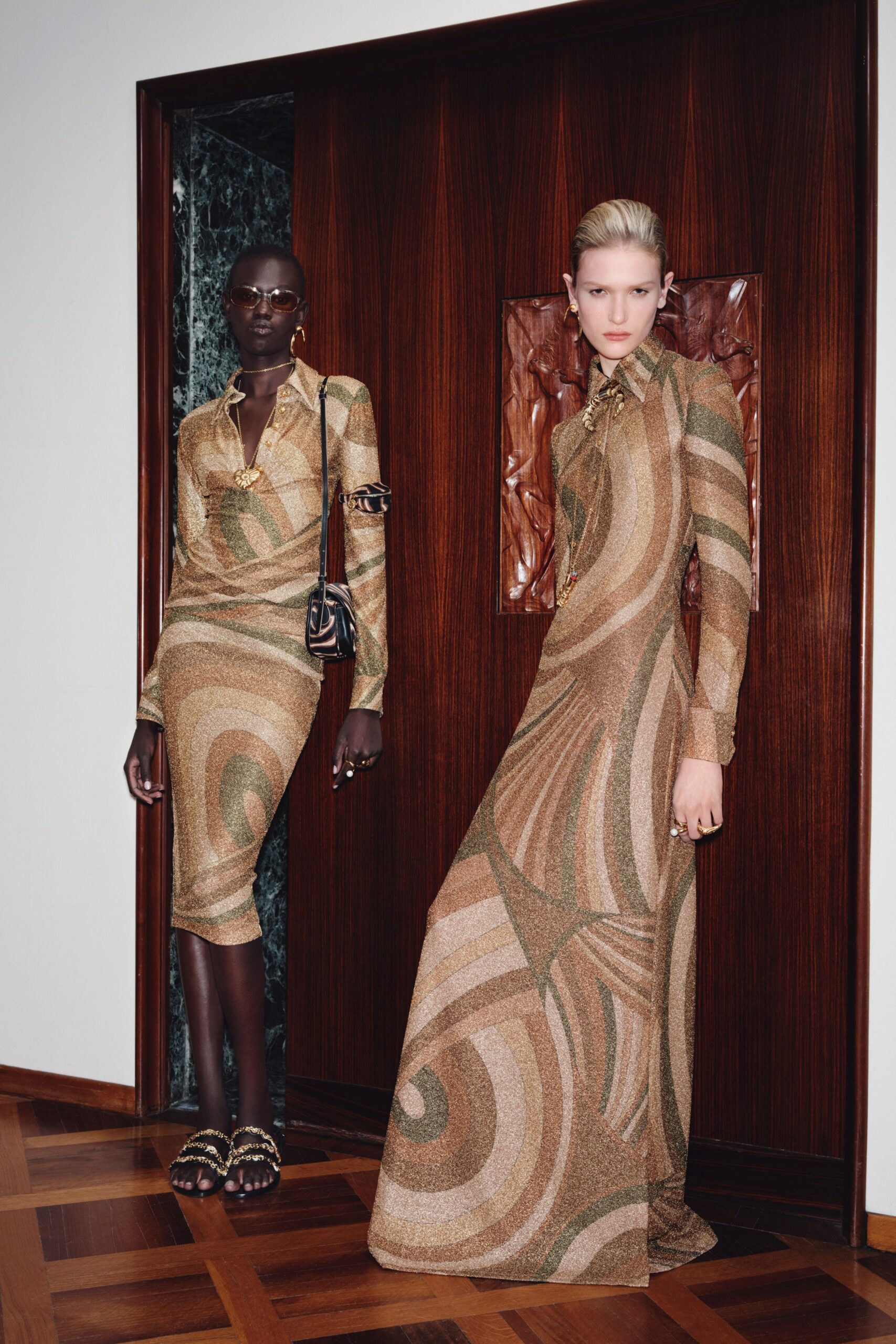 brown silk long-sleeve collared fitted printed maxi dress