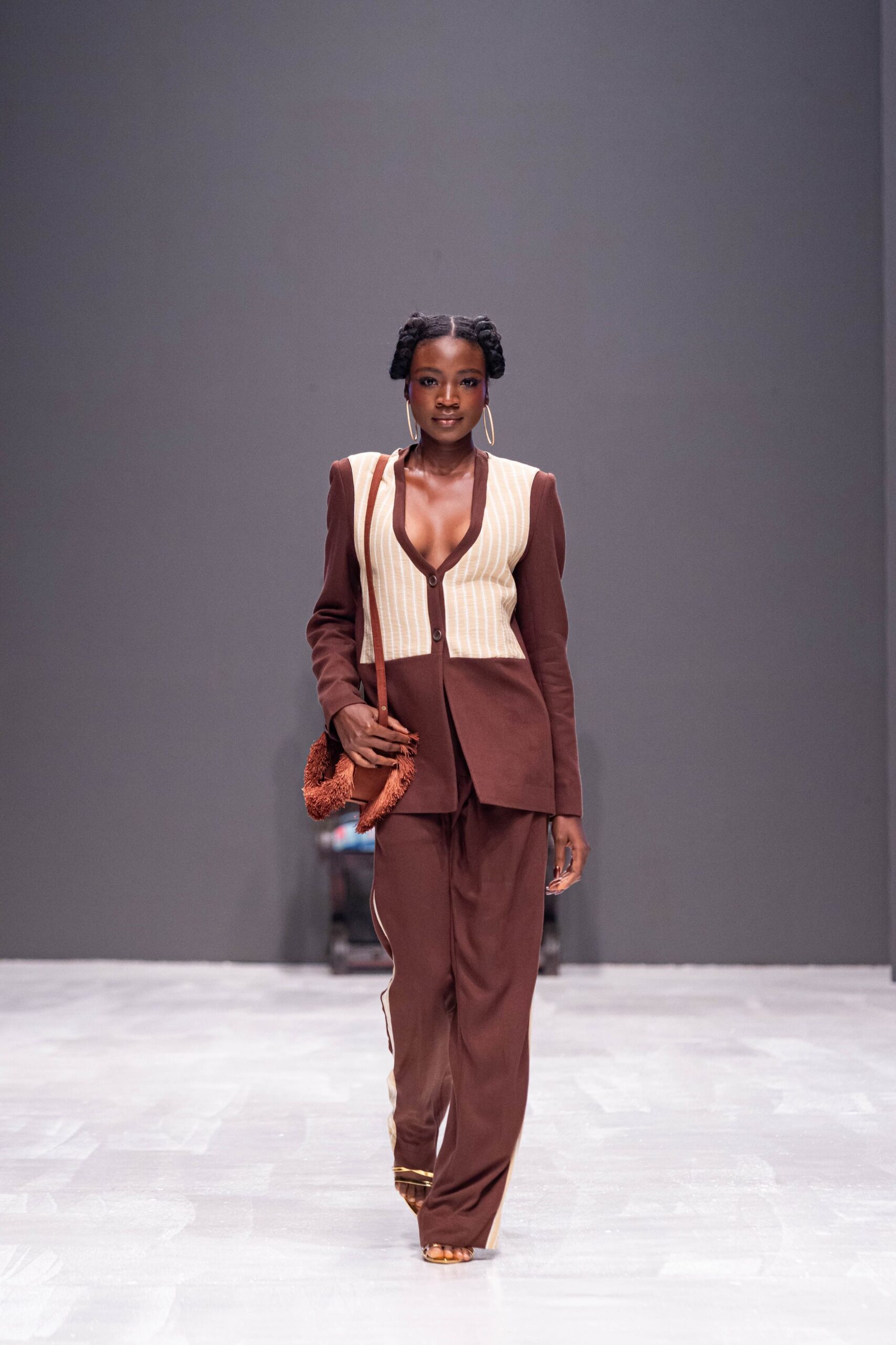 brown long-sleeve v-neck fitted striped buttoned suit