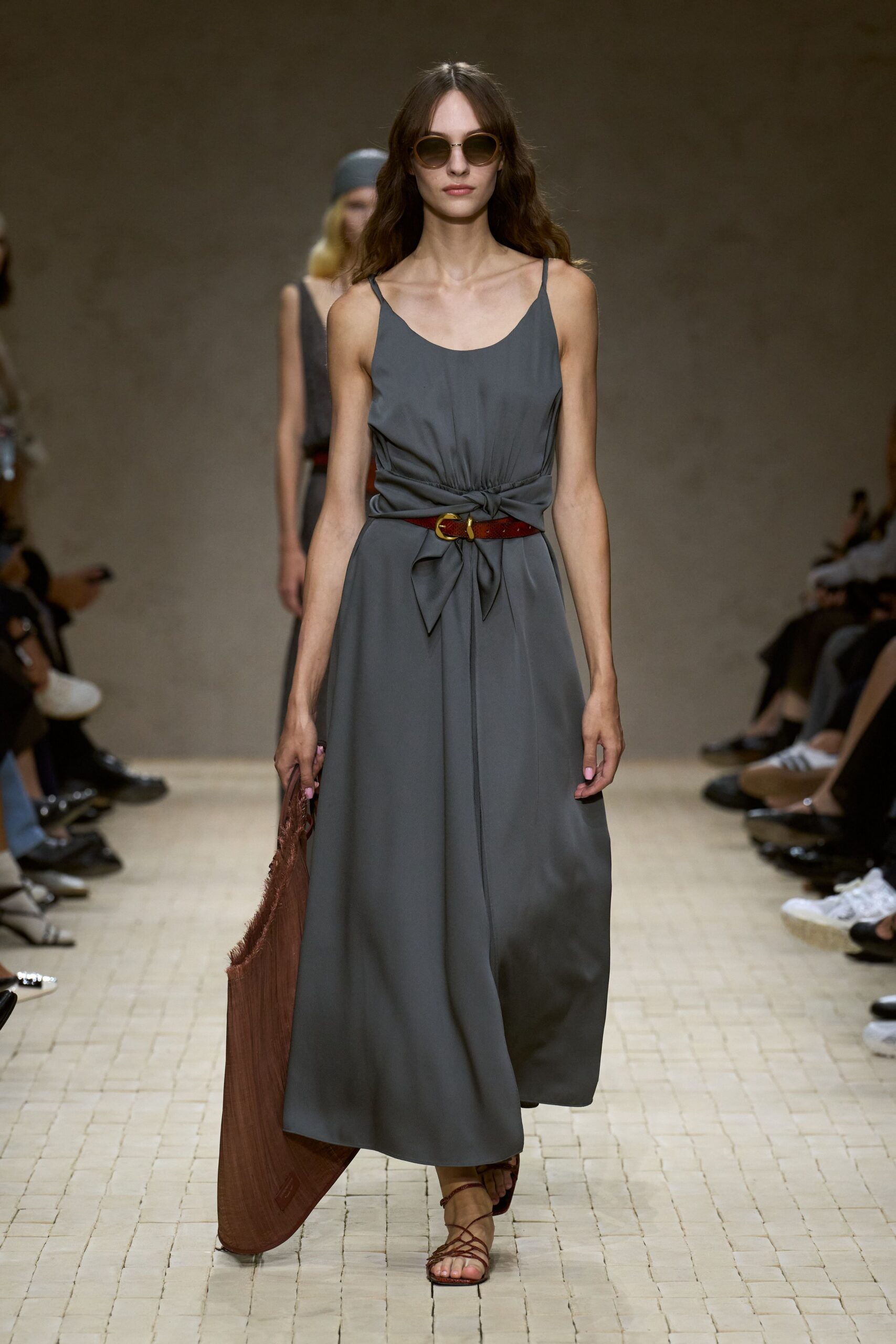 gray silk sleeveless v-neck fitted belted flowing dress