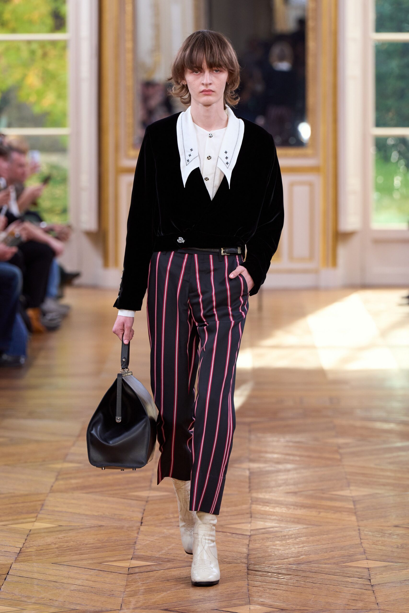 white collared shirt with striped pants