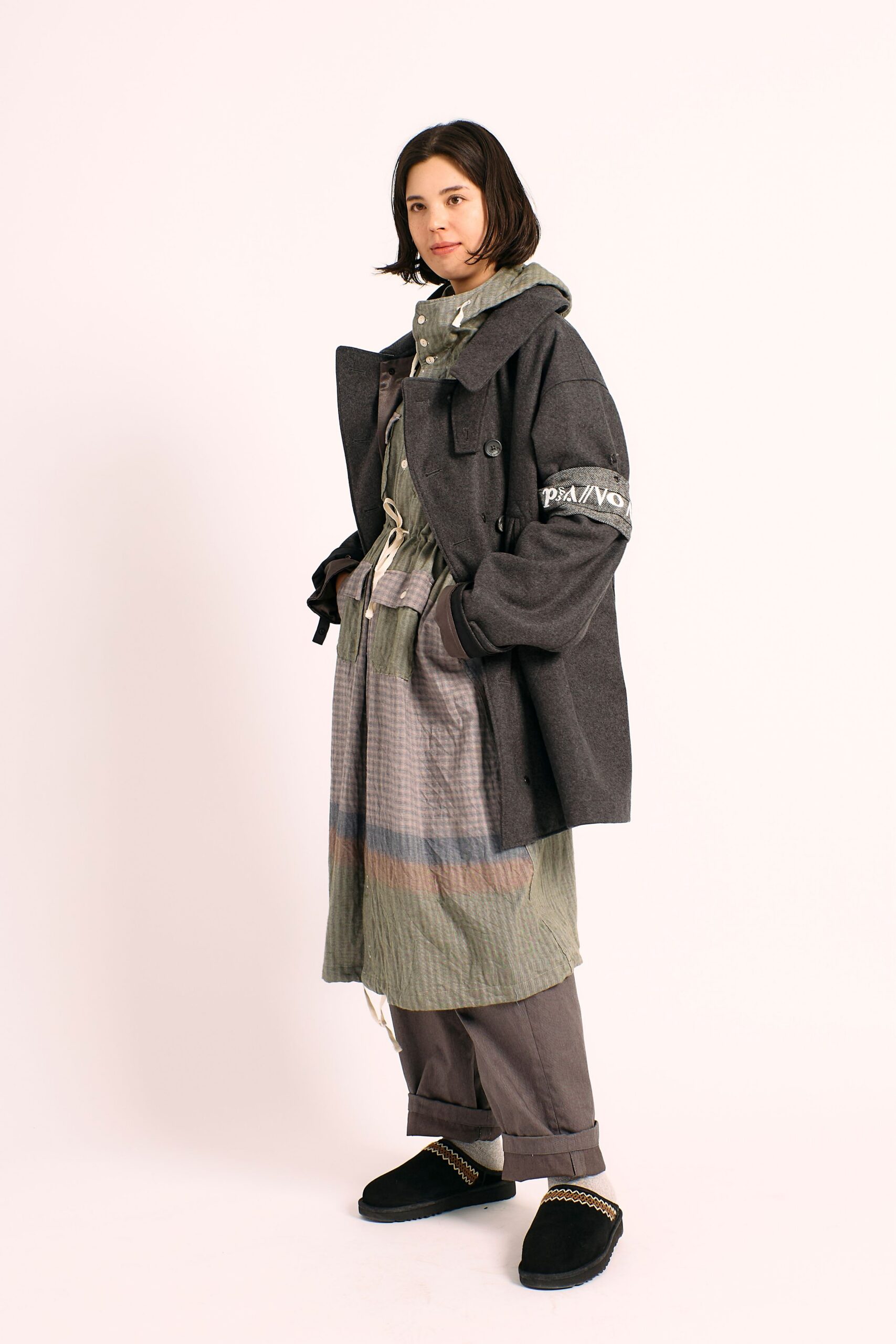 gray wool coat with layered dress