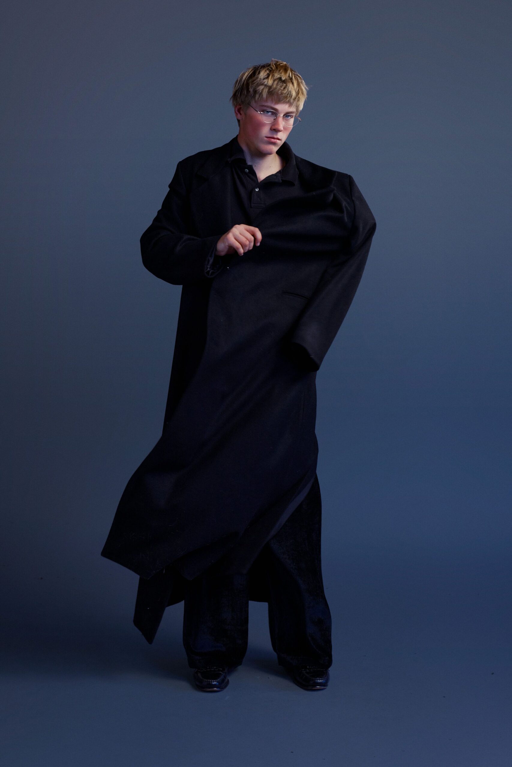 black wool coat with velvet pants